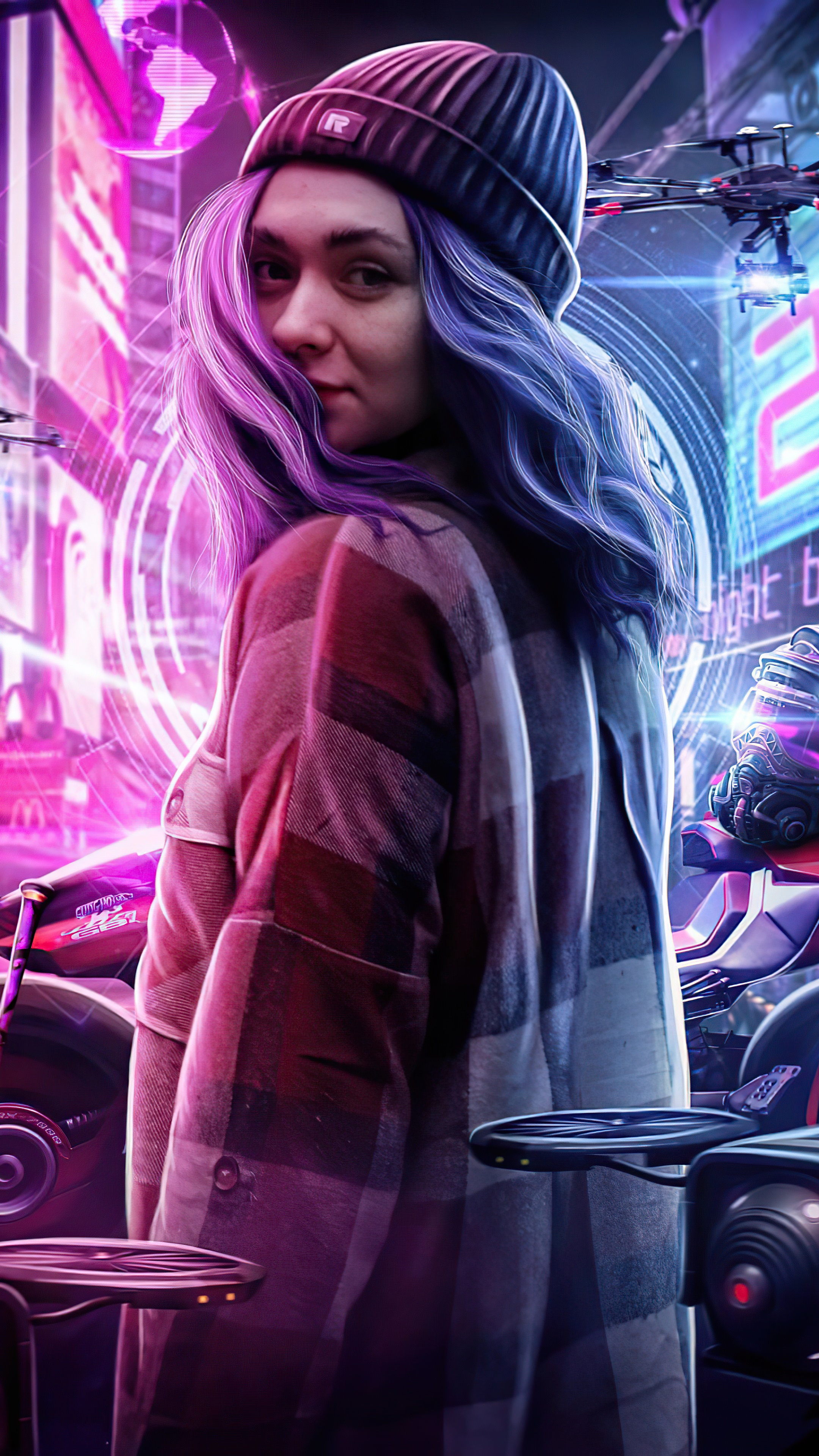 Cyberpunk artwork of a woman with purple hair HD Phone Wallpaper