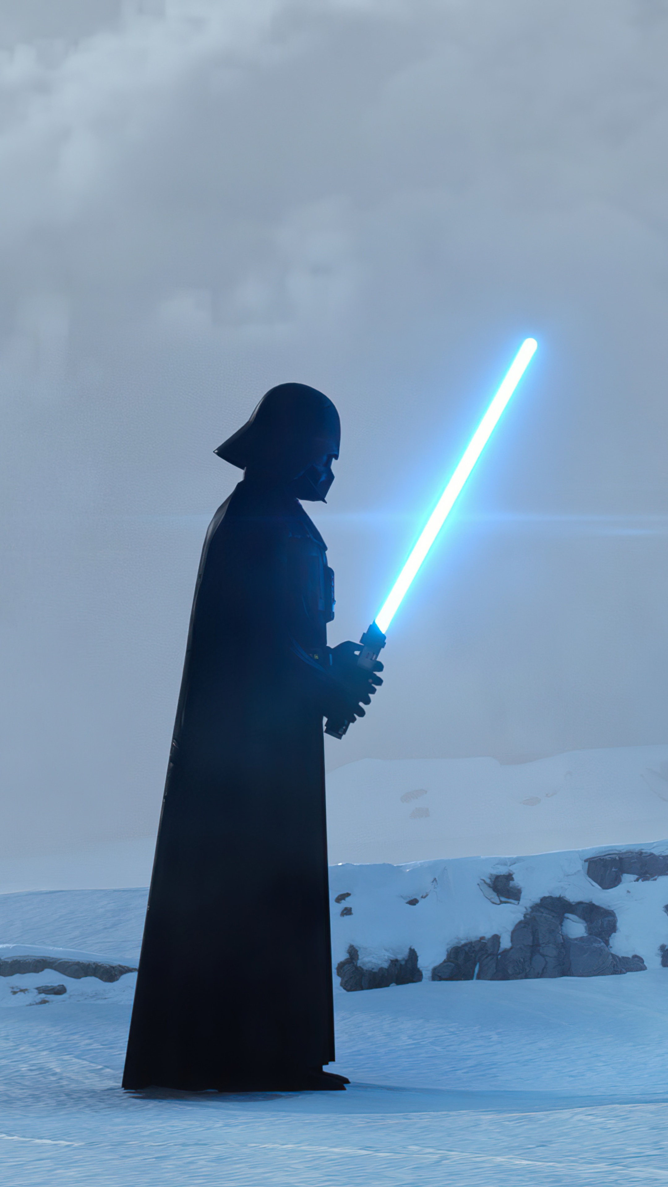 Darth Vader from Star Wars with a blue lightsaber HD Phone Wallpaper
