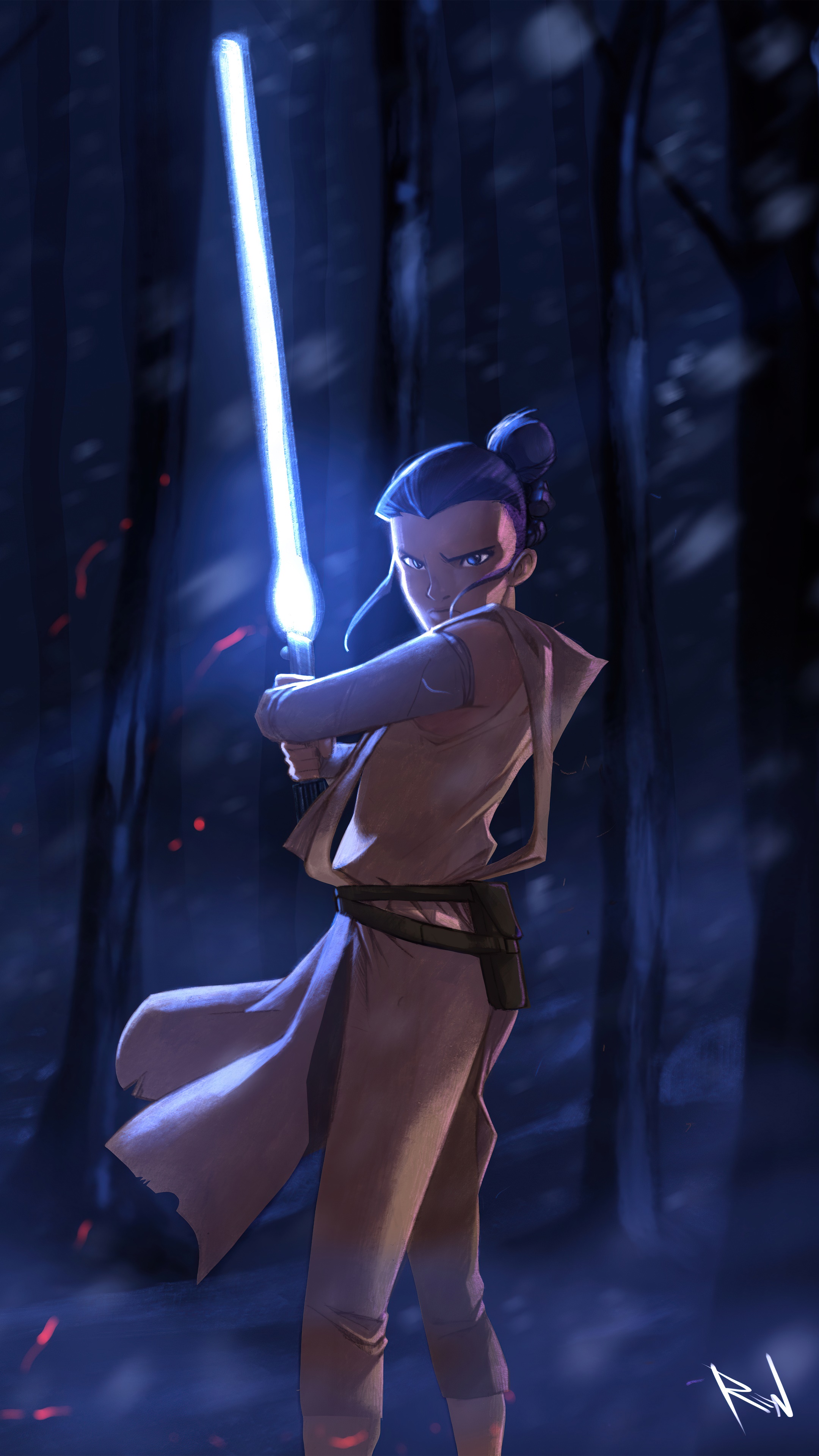 Rey from Star Wars holding a lightsaber in a forest HD Phone Wallpaper