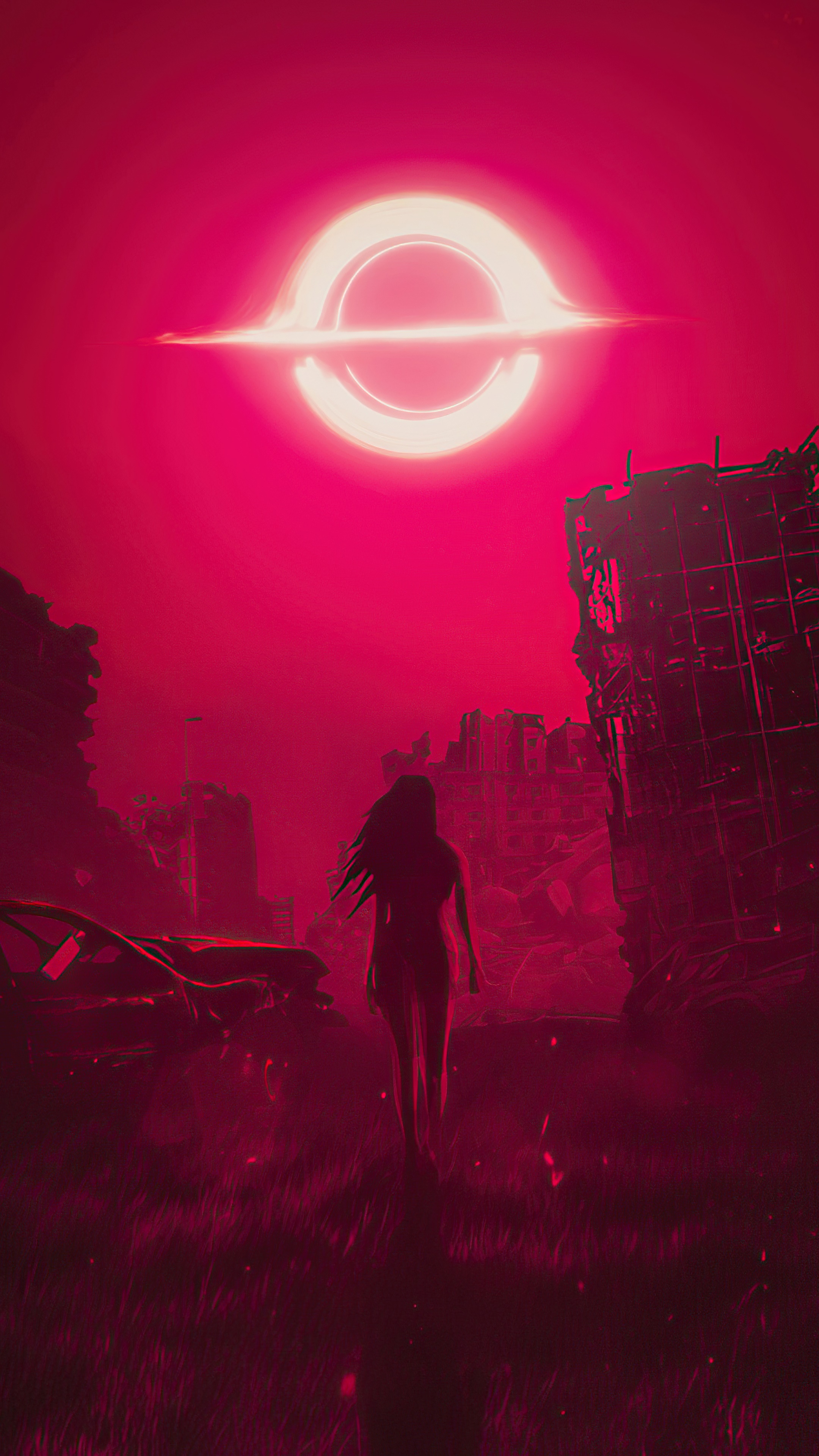 Woman walks towards a black hole in a ruined city HD Phone Wallpaper