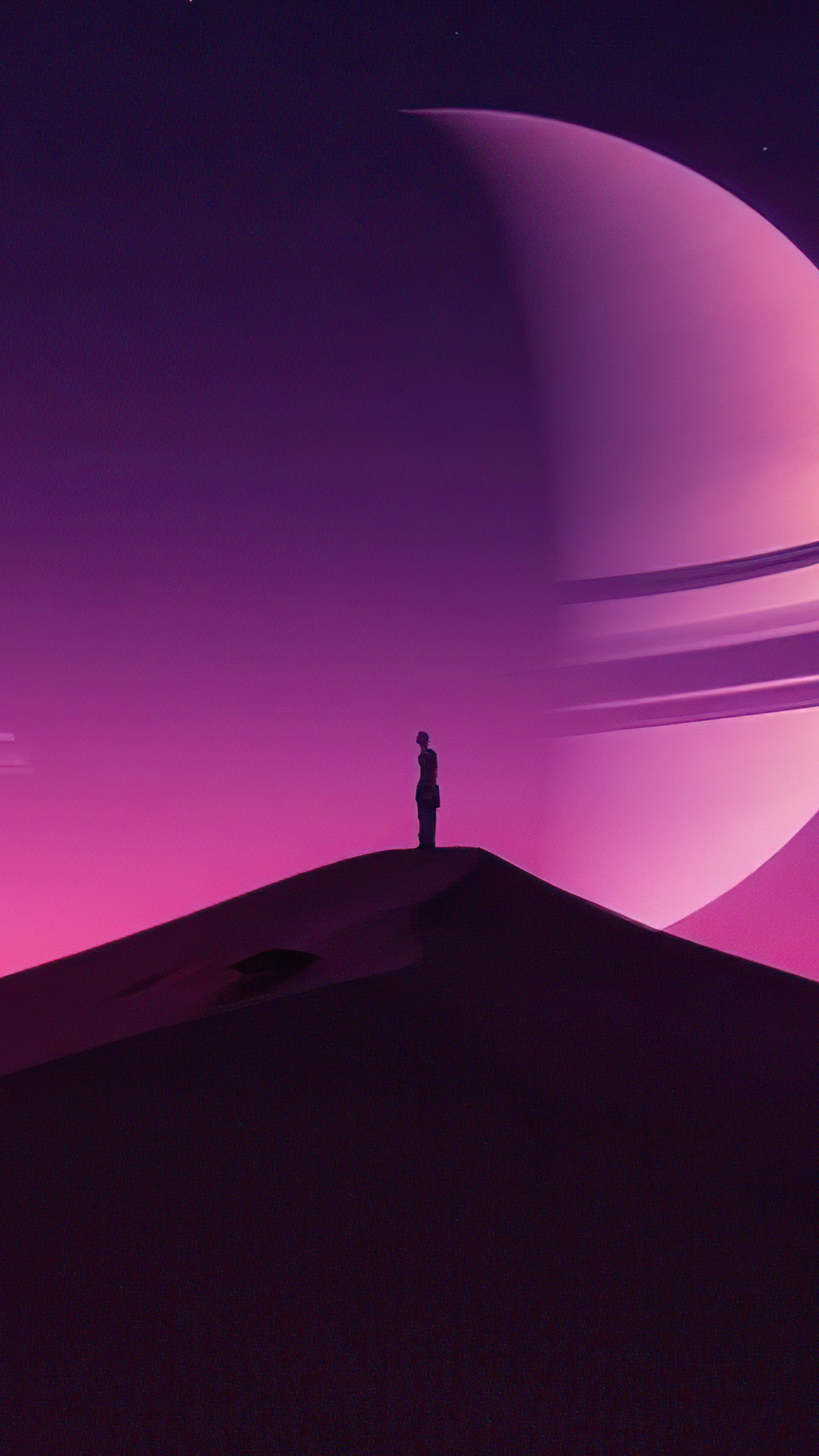 Silhouette on a Dune with a Ringed Planet HD Phone Wallpaper