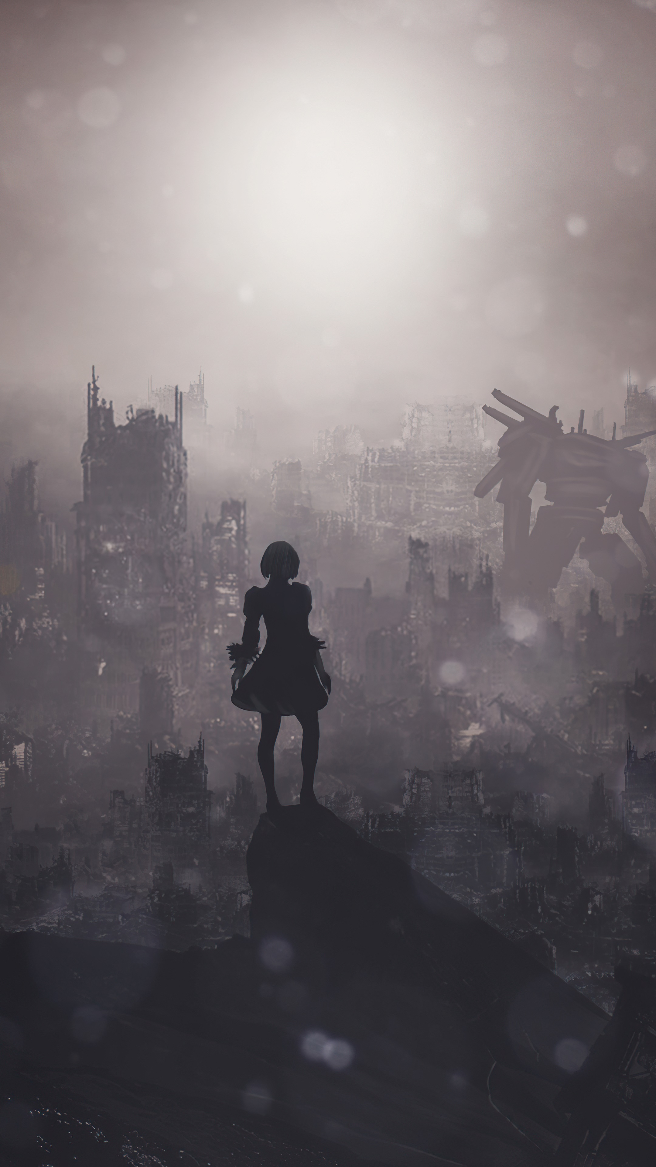 2B from Nier Automata in a ruined city HD Phone Wallpaper