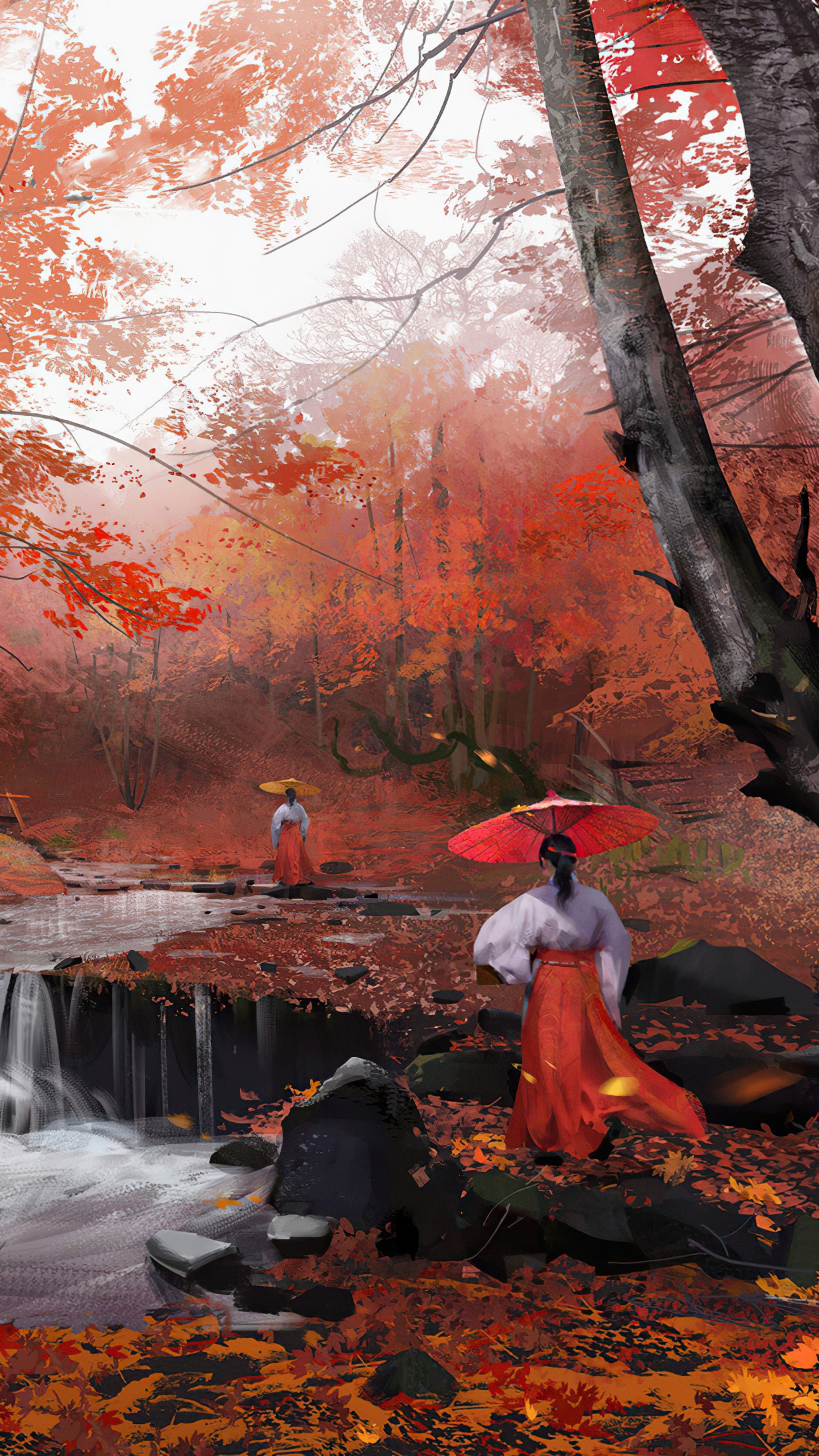 Digital art of two women in a forest HD Phone Wallpaper