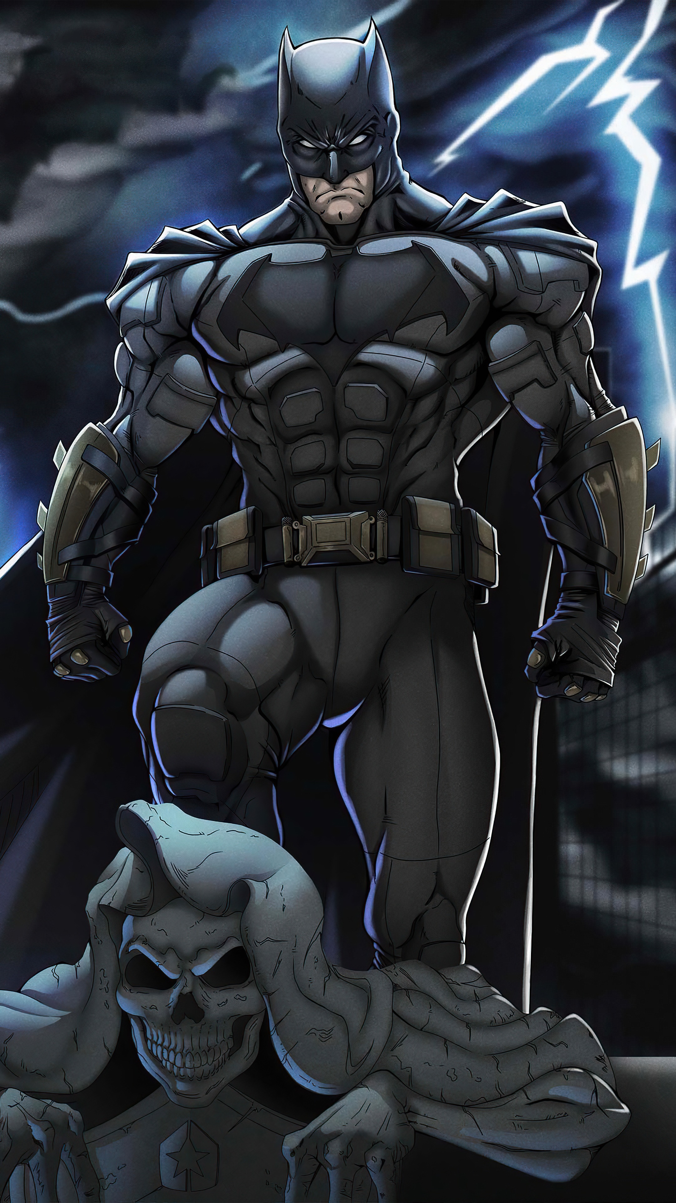 Batman standing on a gargoyle with lightning in the background HD Phone Wallpaper