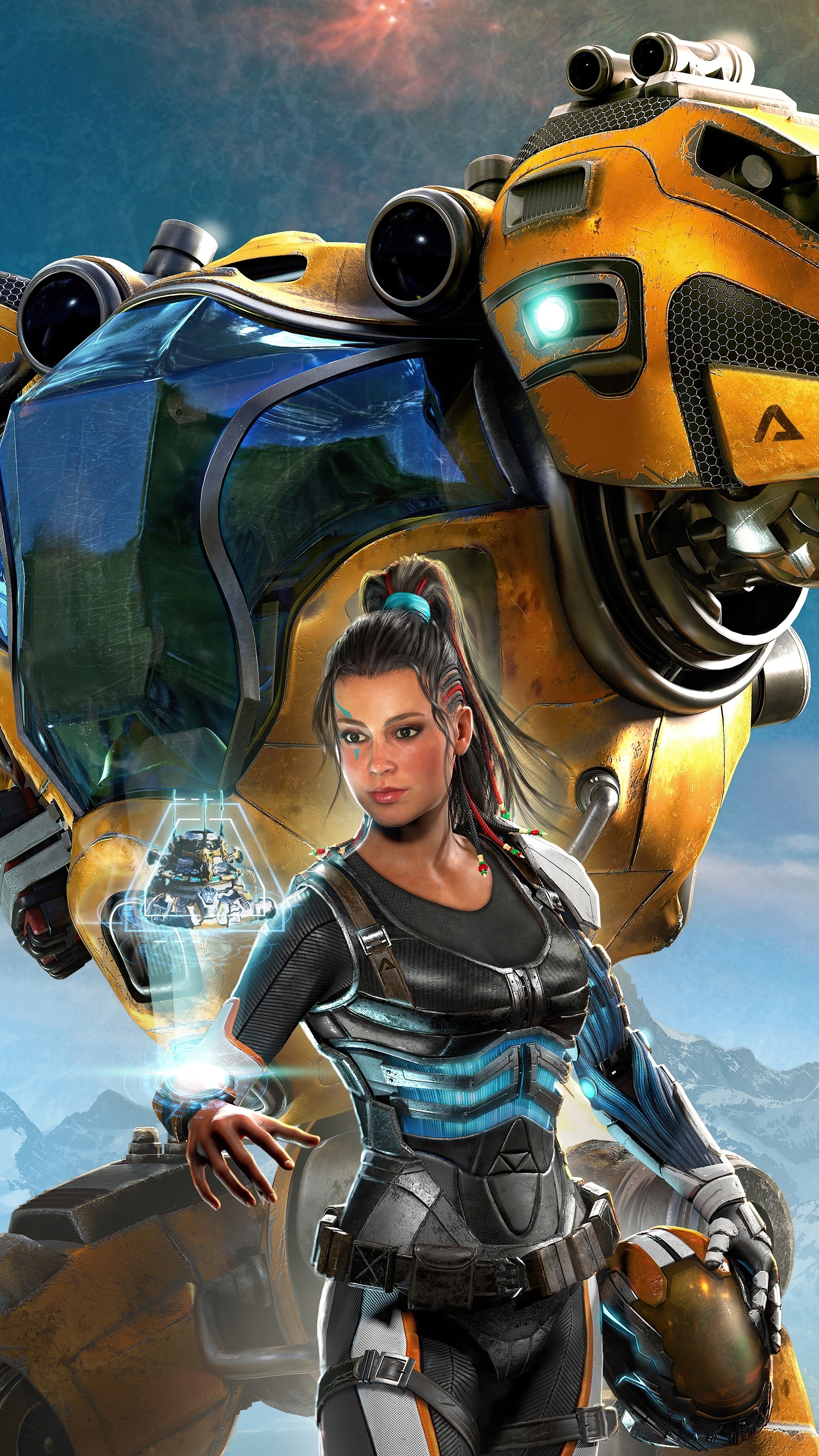 The Riftbreaker: Sci-fi pilot with mech HD Phone Wallpaper
