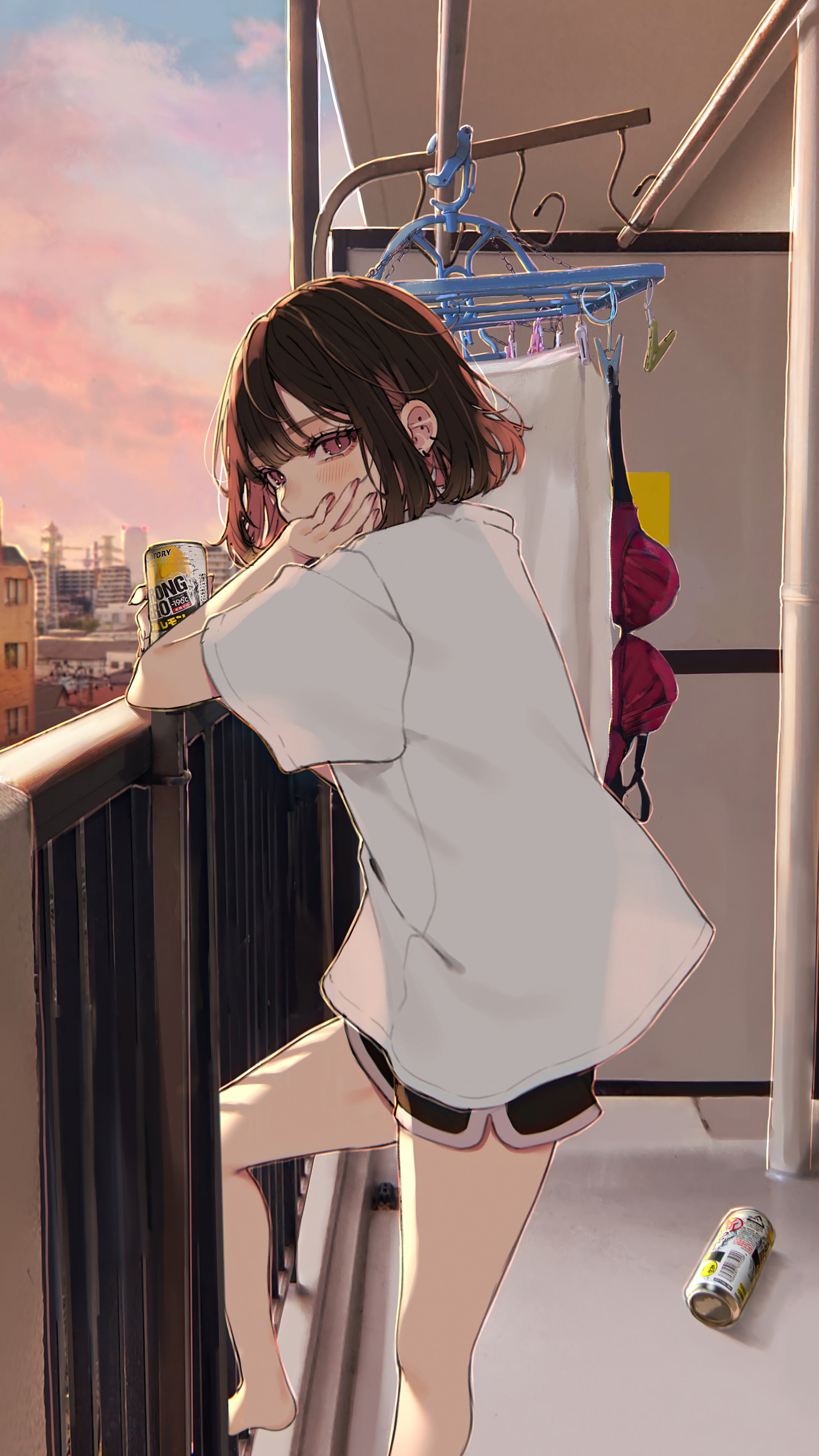 Anime girl on a balcony with a drink HD Phone Wallpaper