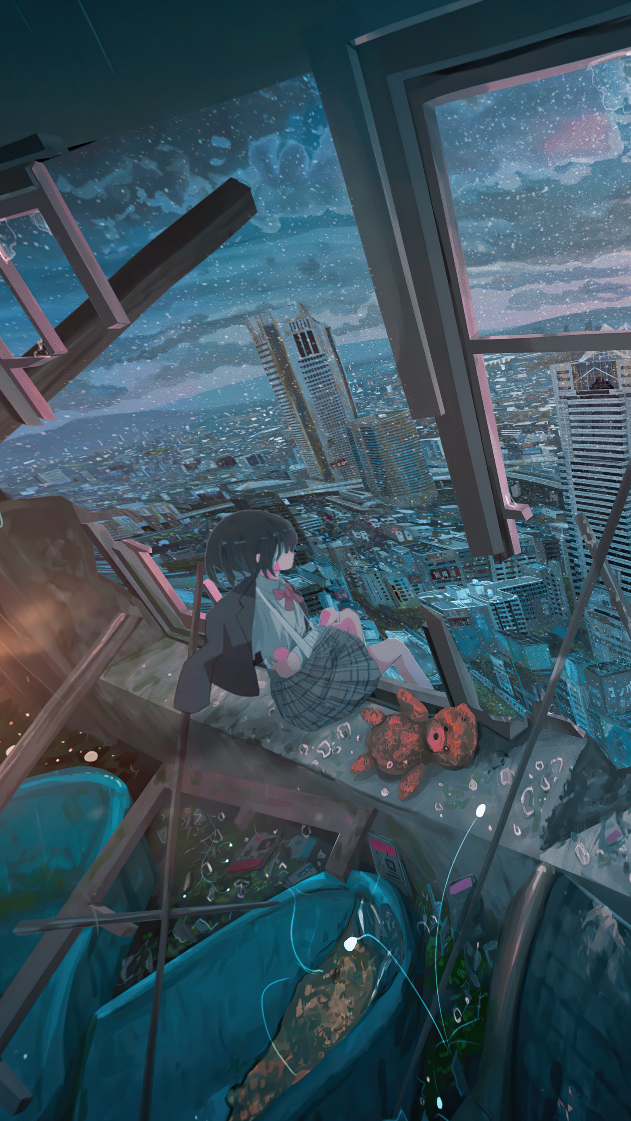 Anime girl with teddy bear overlooking city HD Phone Wallpaper