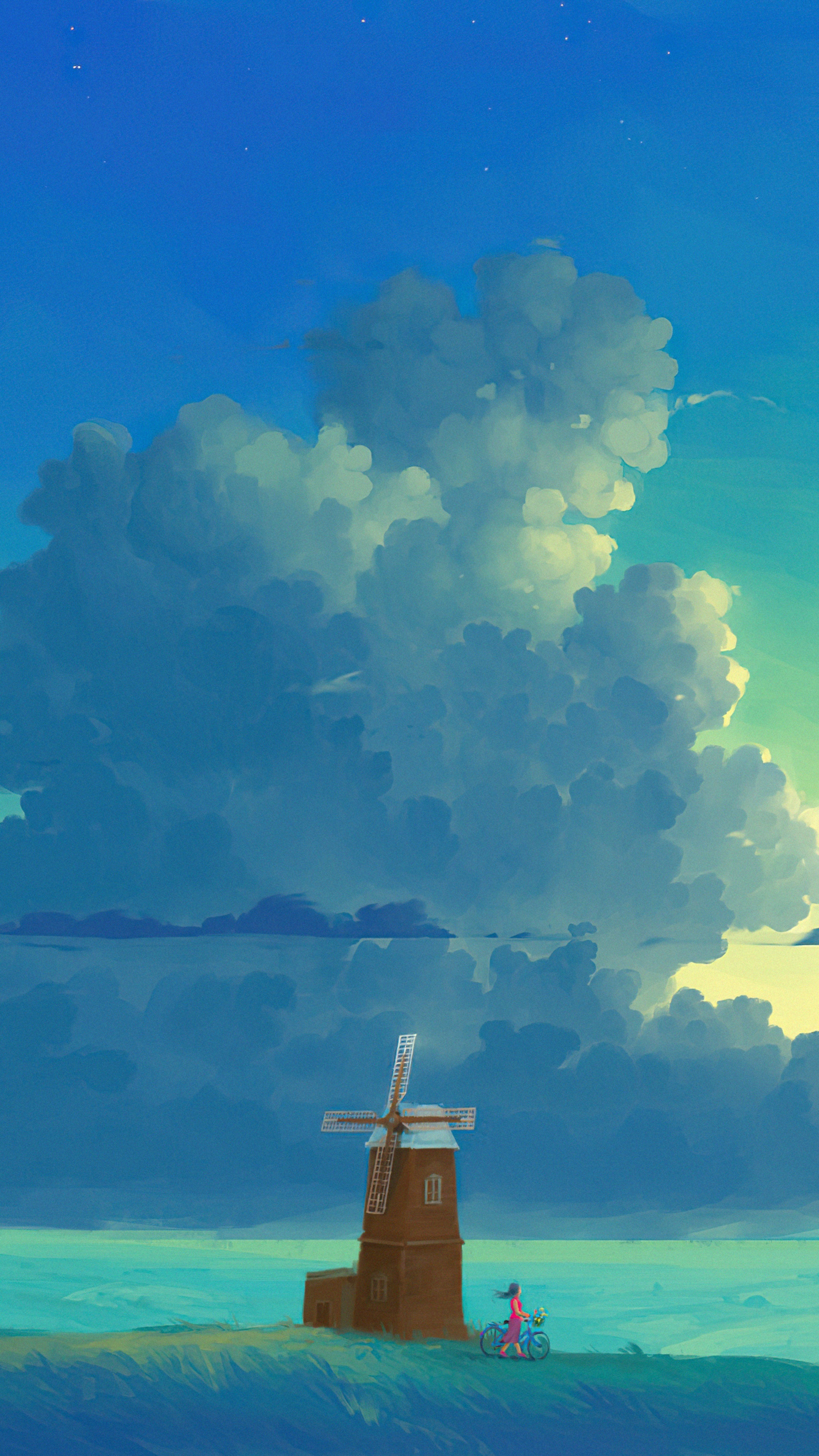 Artwork of a windmill and a girl on a bicycle HD Phone Wallpaper