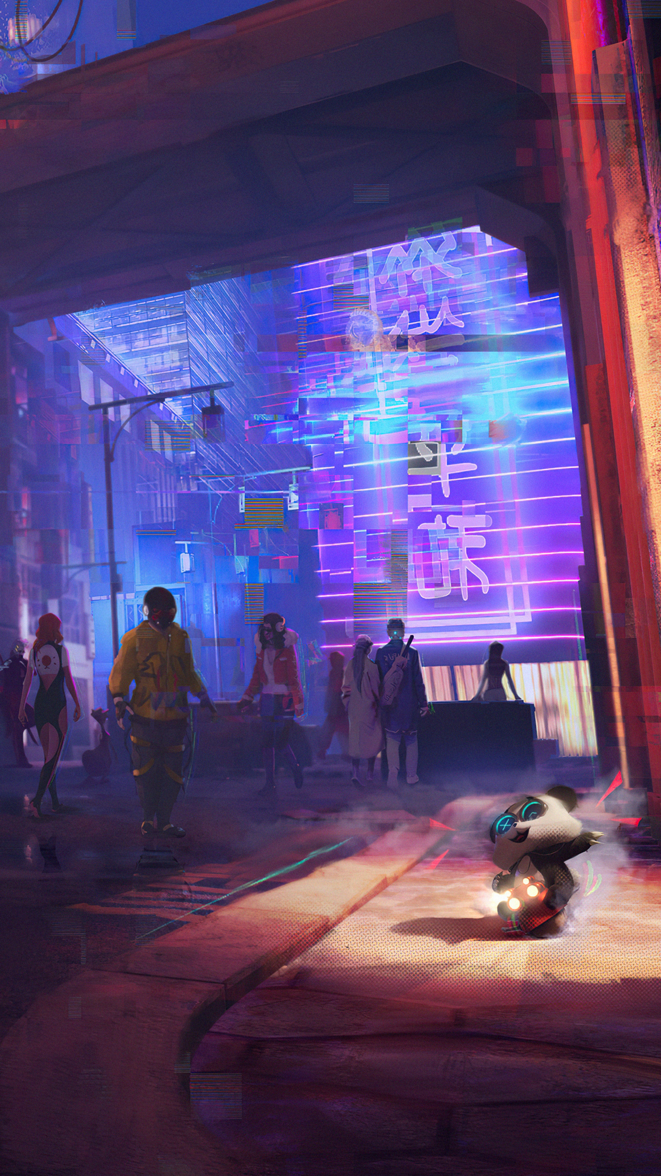 Cyberpunk street scene with people and a robot panda HD Phone Wallpaper