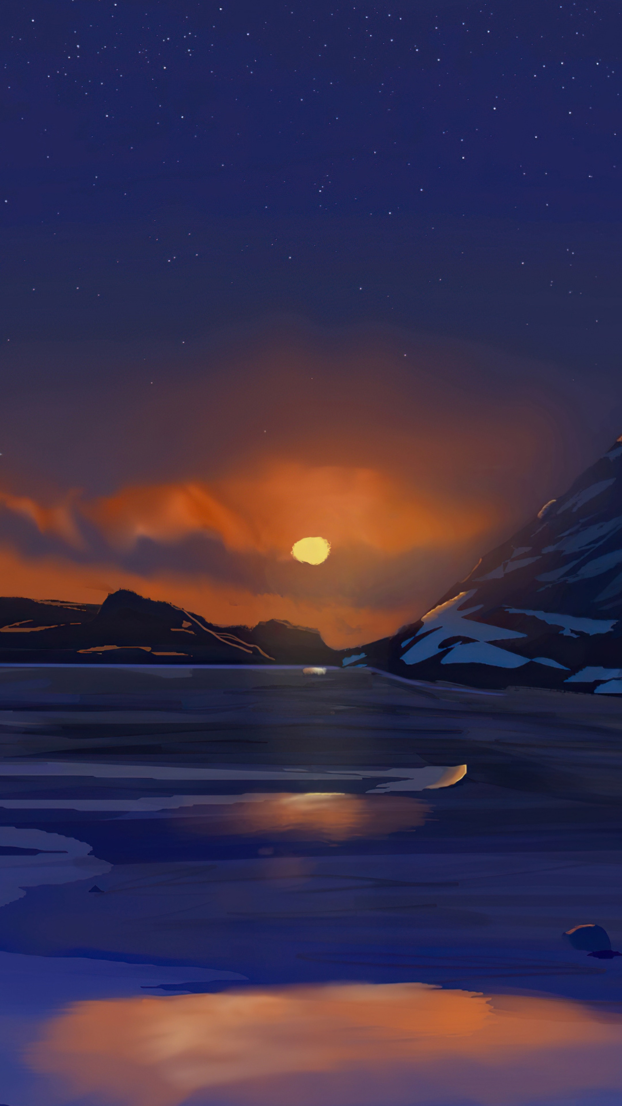 Digital art of a sunset over a snowy landscape HD Phone Wallpaper