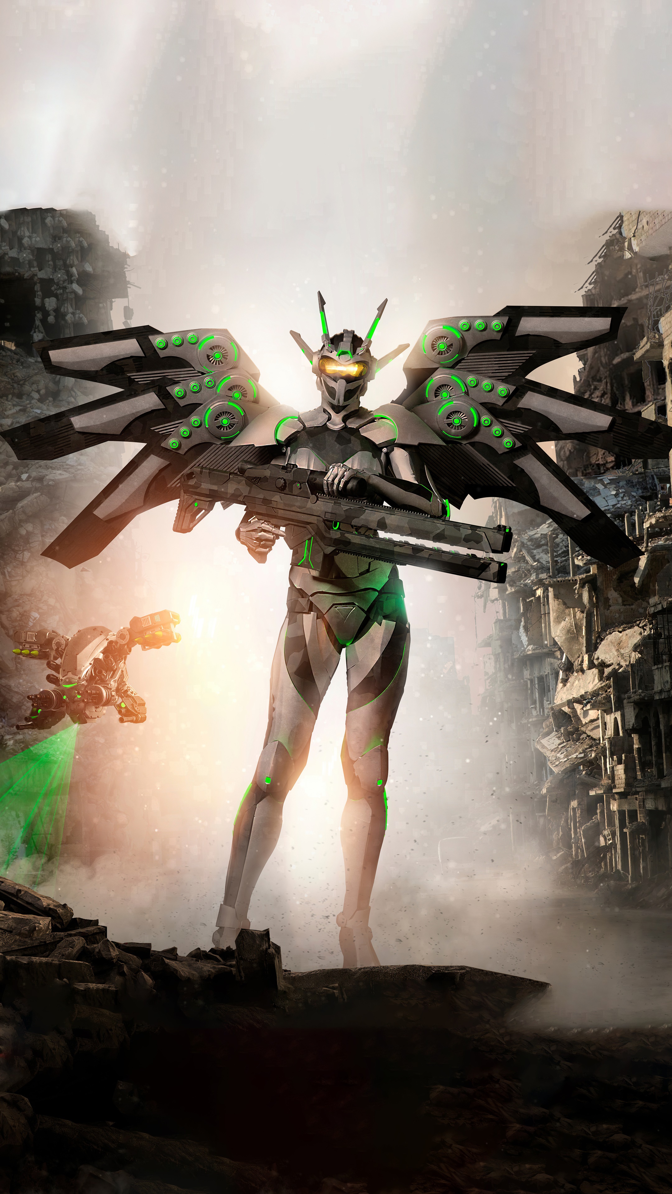 Sci-fi warrior with wings and gun in ruins HD Phone Wallpaper