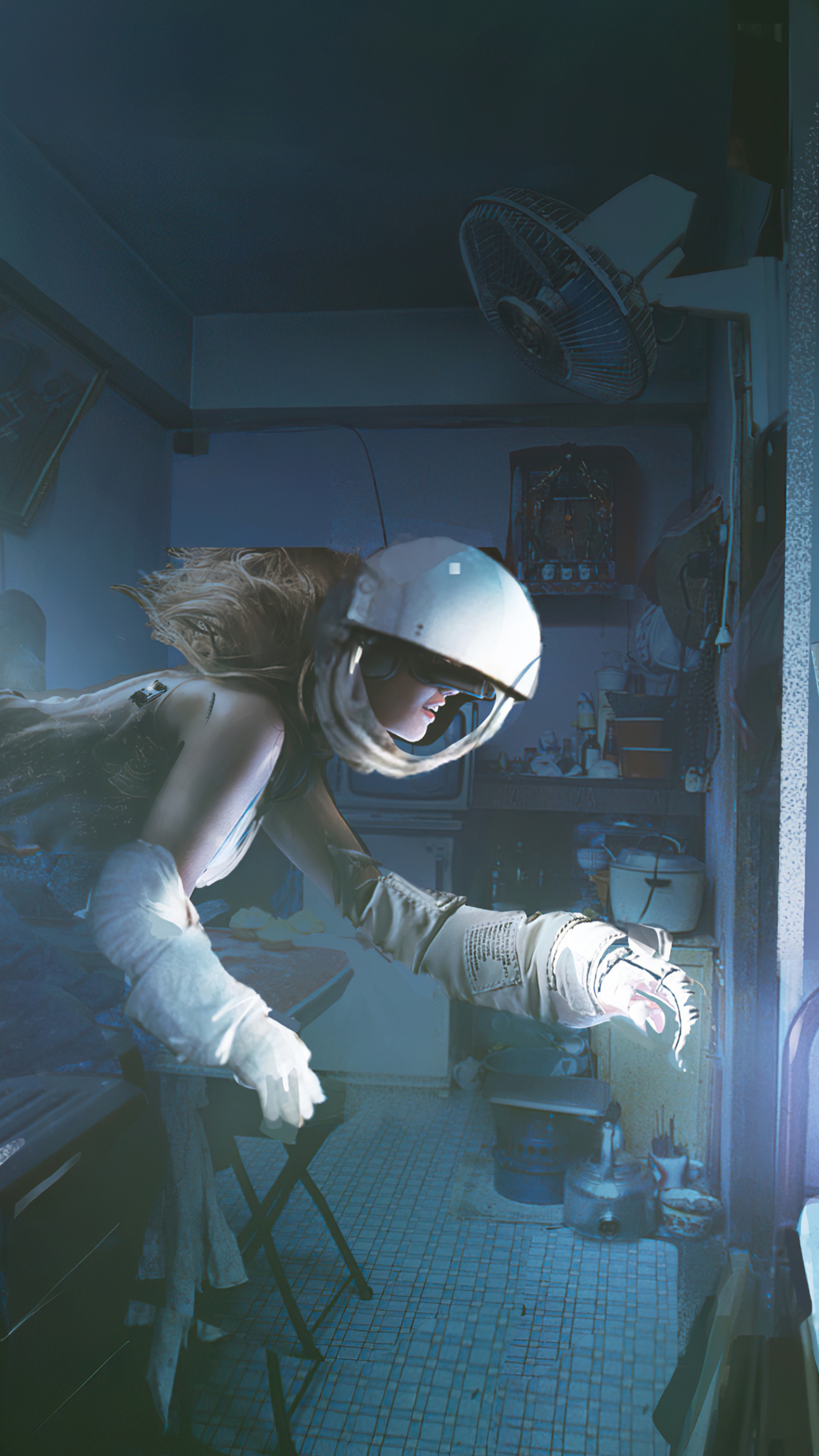 Astronaut reaching for light in a room HD Phone Wallpaper