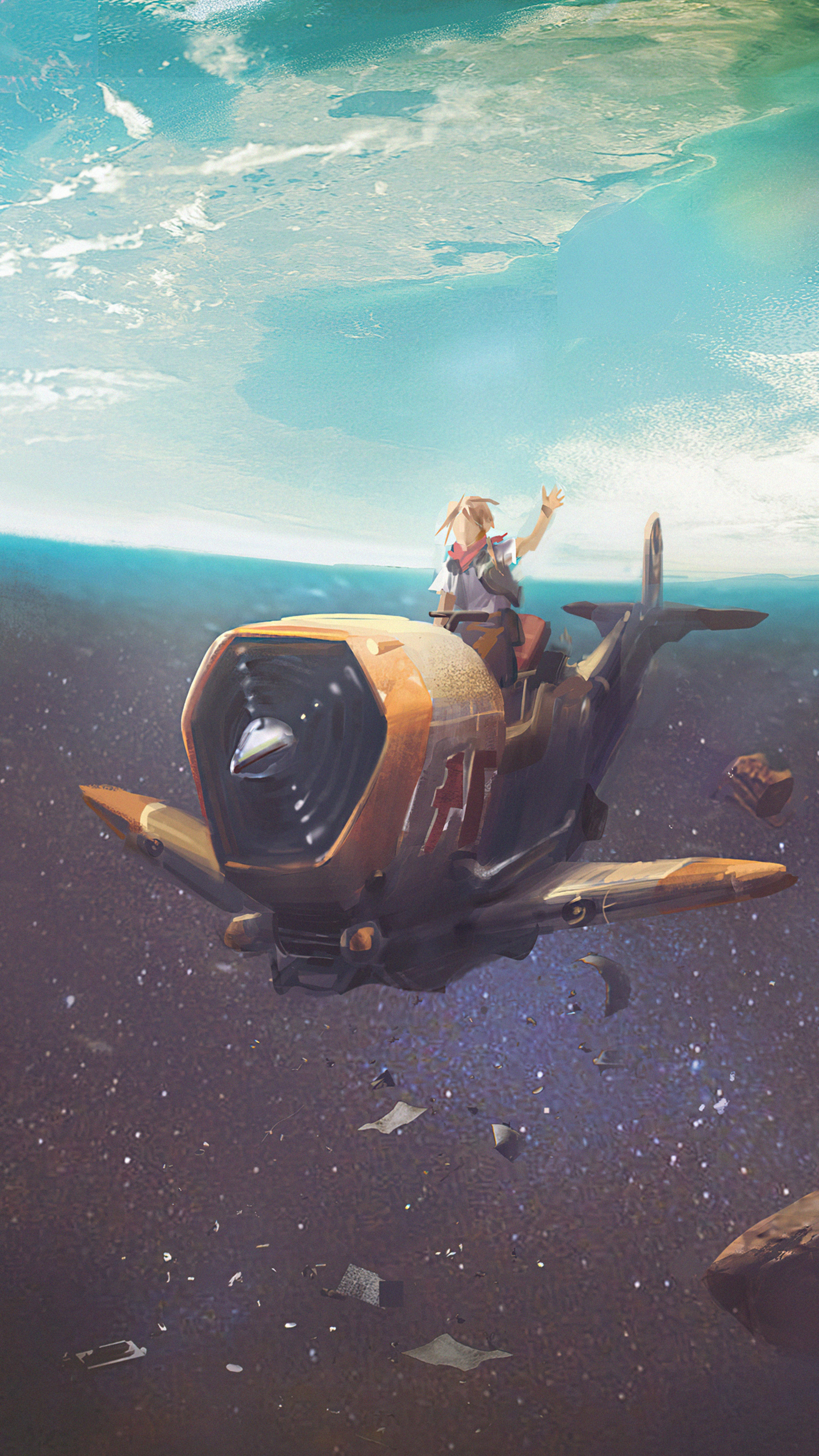Girl in a small plane flying in space HD Phone Wallpaper