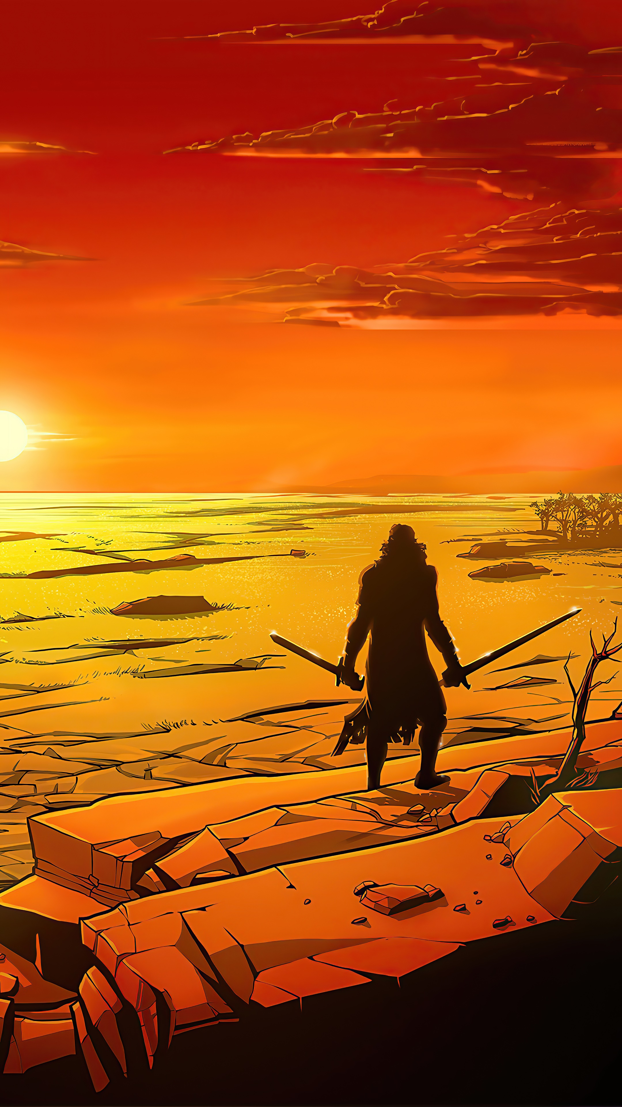 Silhouette warrior with swords at sunset HD Phone Wallpaper