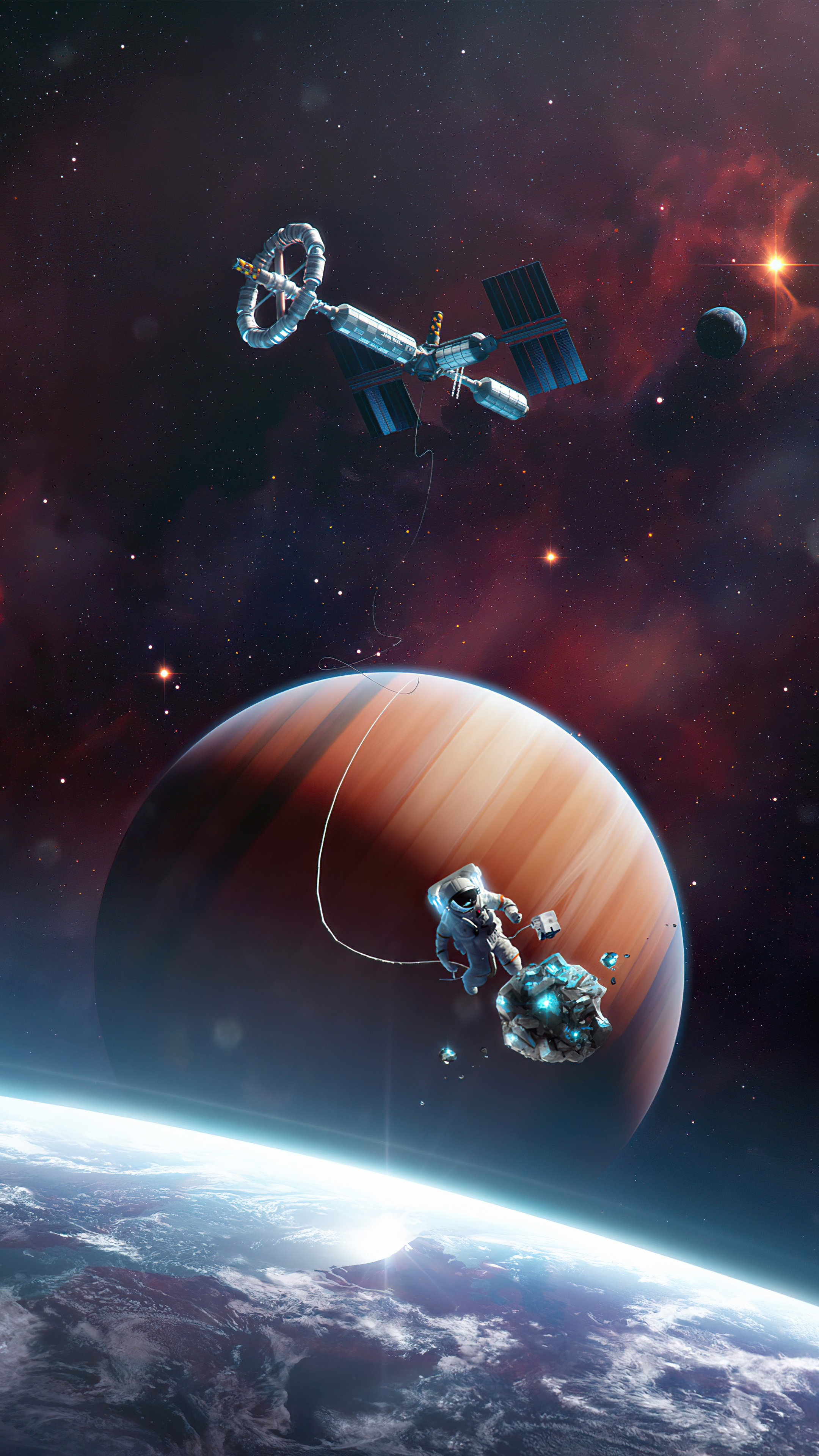 Astronaut near a gas giant and space station HD Phone Wallpaper