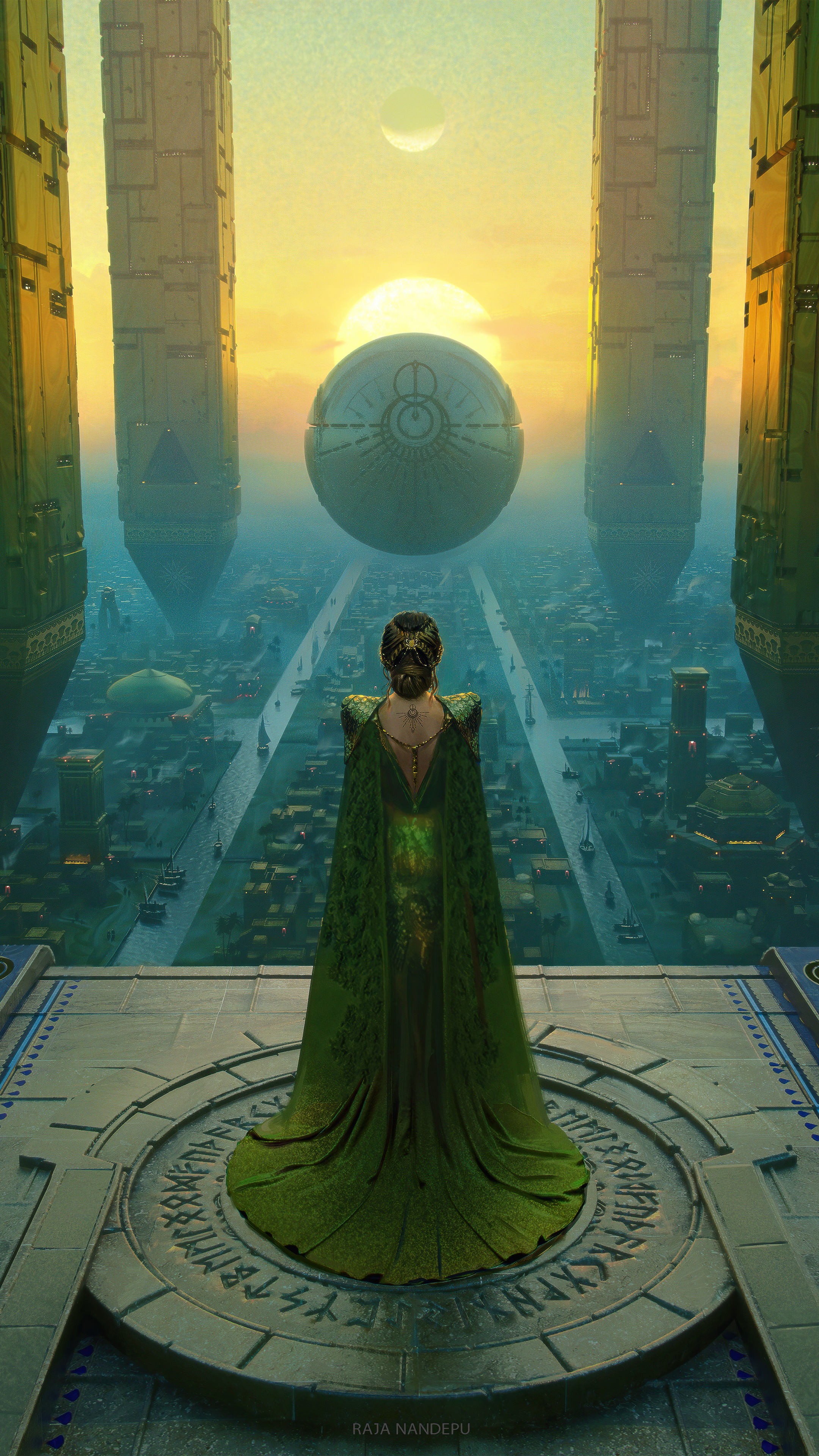 Queen in green dress overlooking futuristic city HD Phone Wallpaper