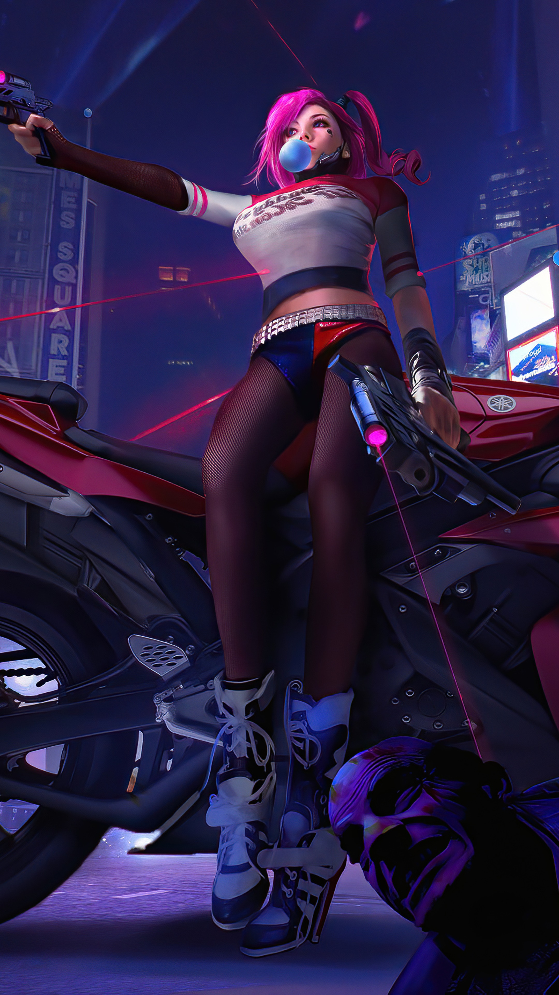 Harley Quinn from DC Comics on a motorcycle HD Phone Wallpaper