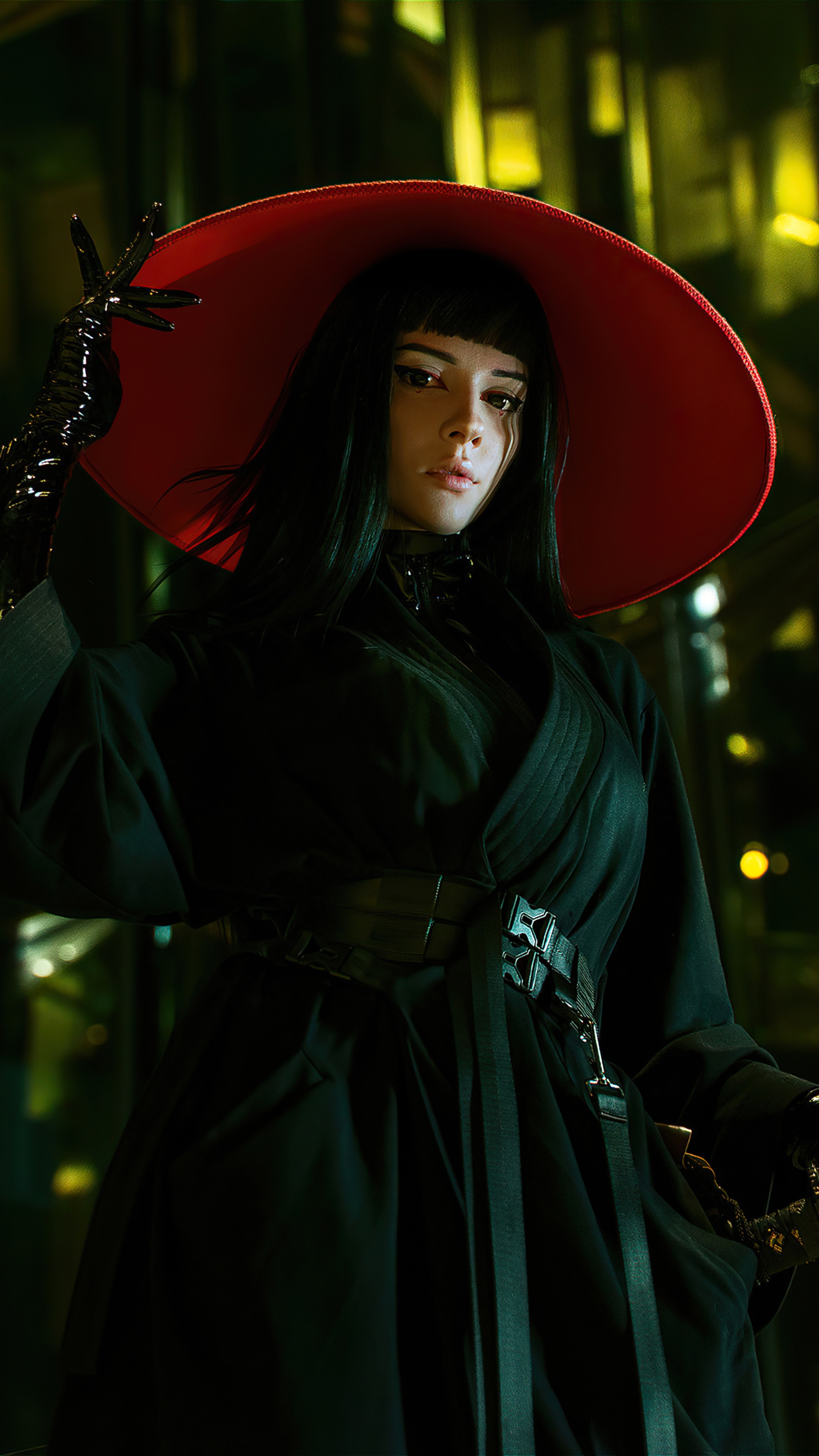 Woman in black with red hat HD Phone Wallpaper