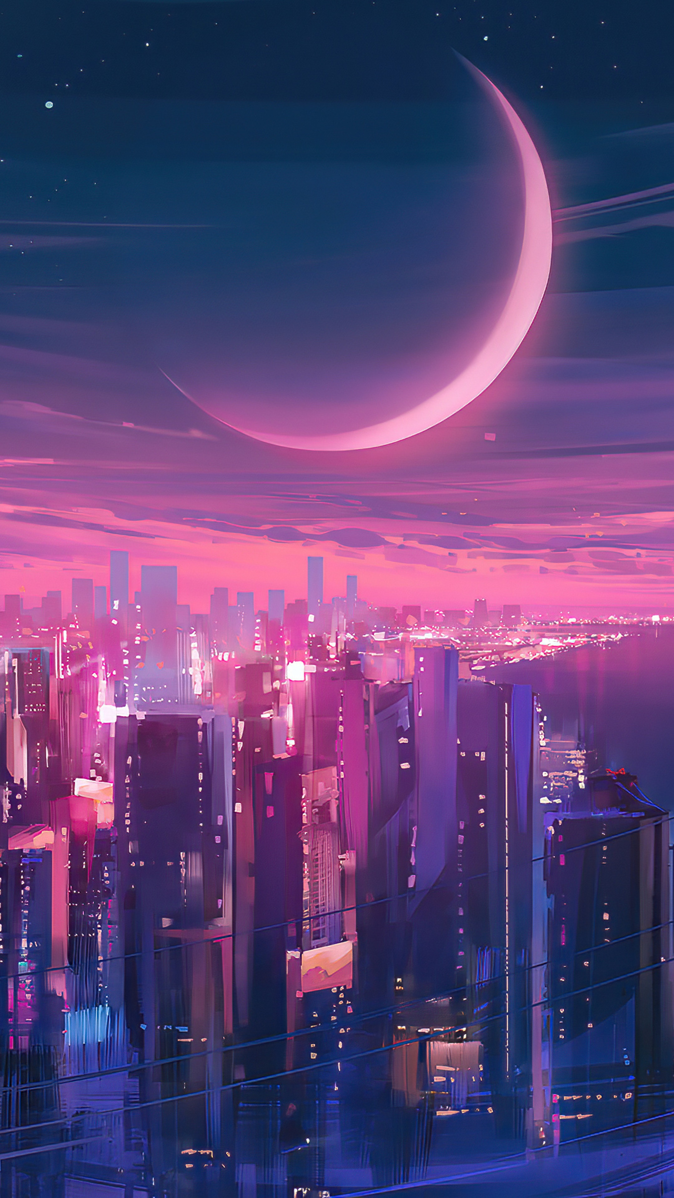 Synthwave city skyline with crescent moon HD Phone Wallpaper