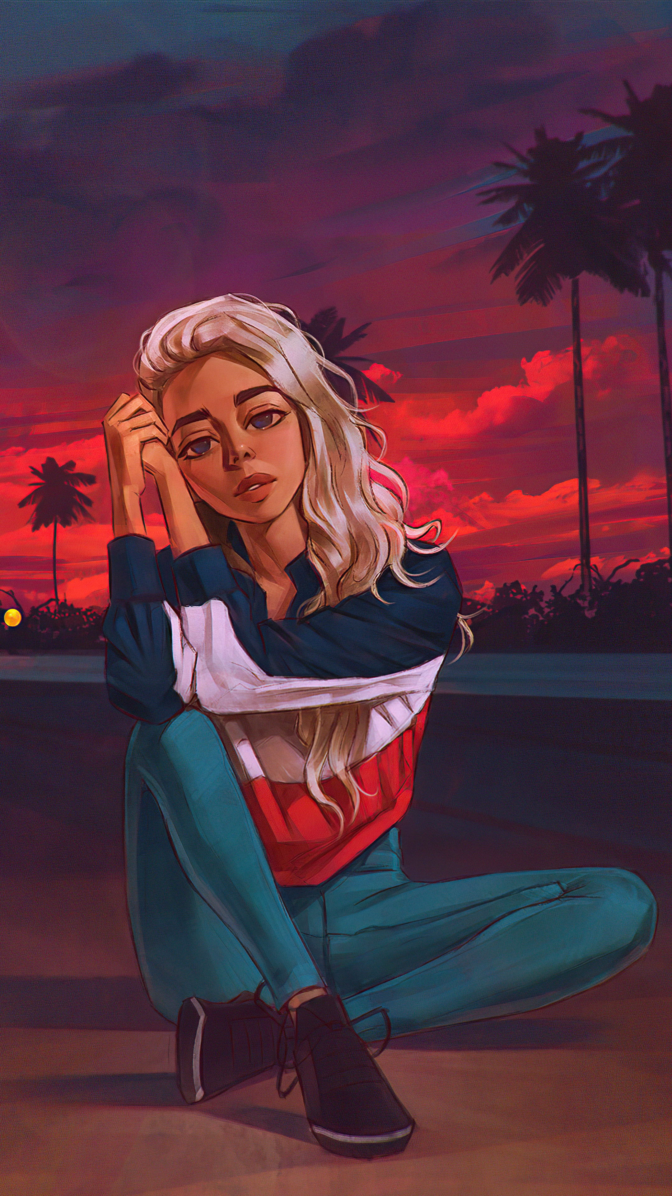 Artwork of a woman sitting at sunset HD Phone Wallpaper