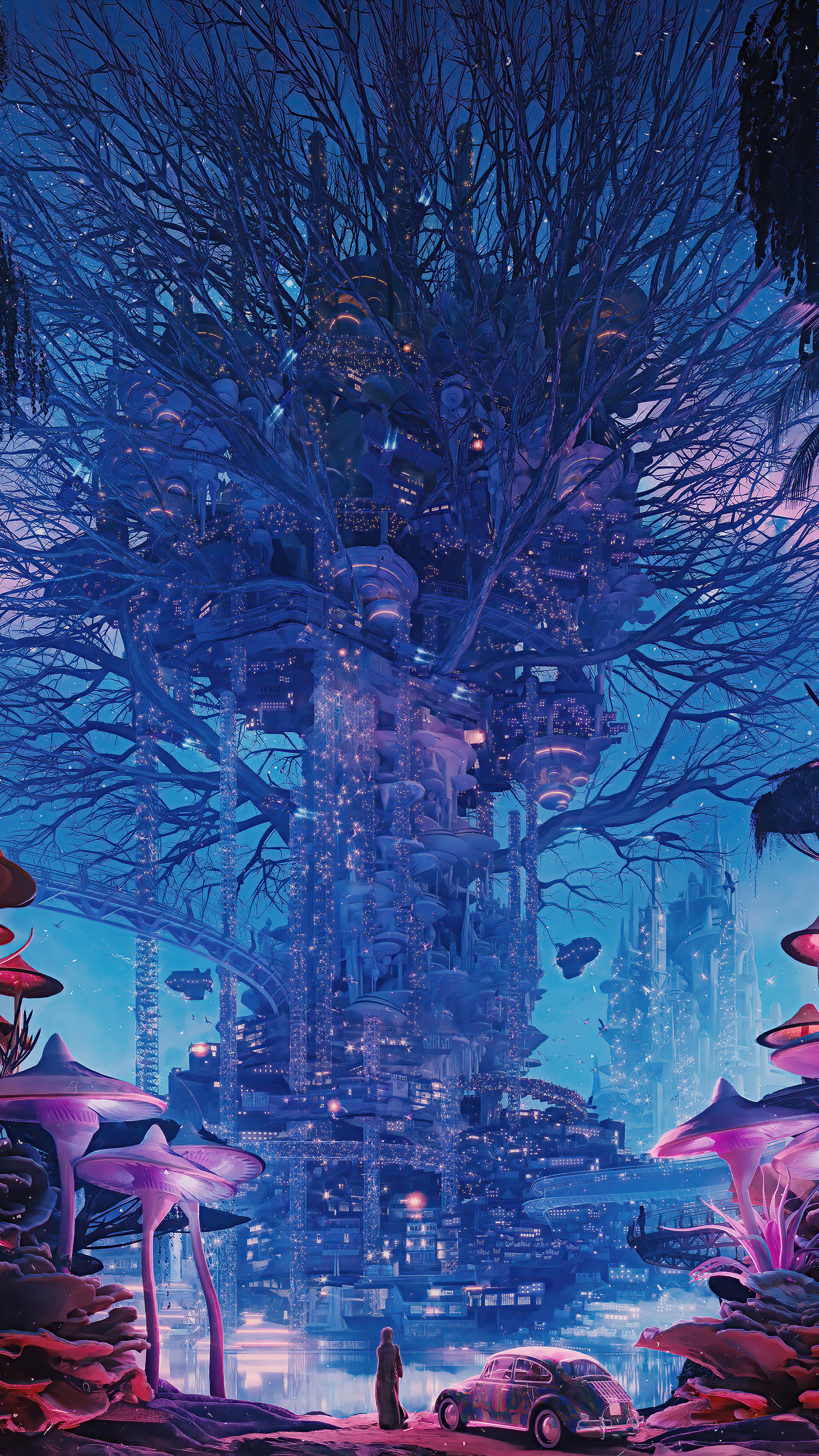 Fantasy Tree City with Flying Vehicles HD Phone Wallpaper