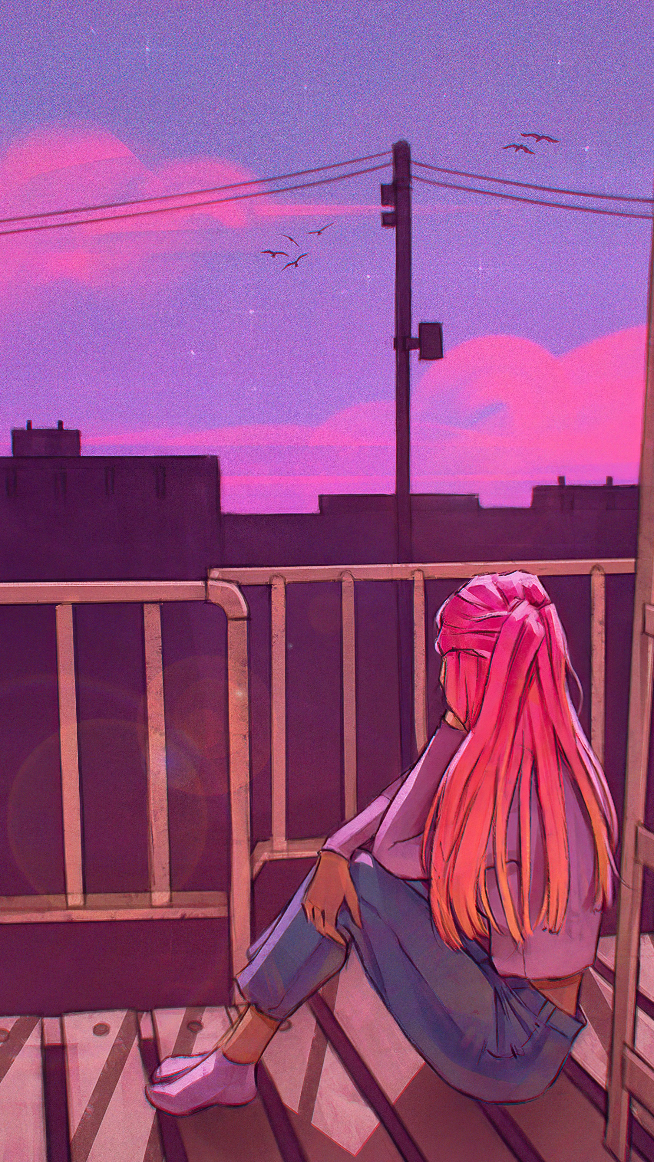 Girl with pink hair on a balcony at sunset HD Phone Wallpaper