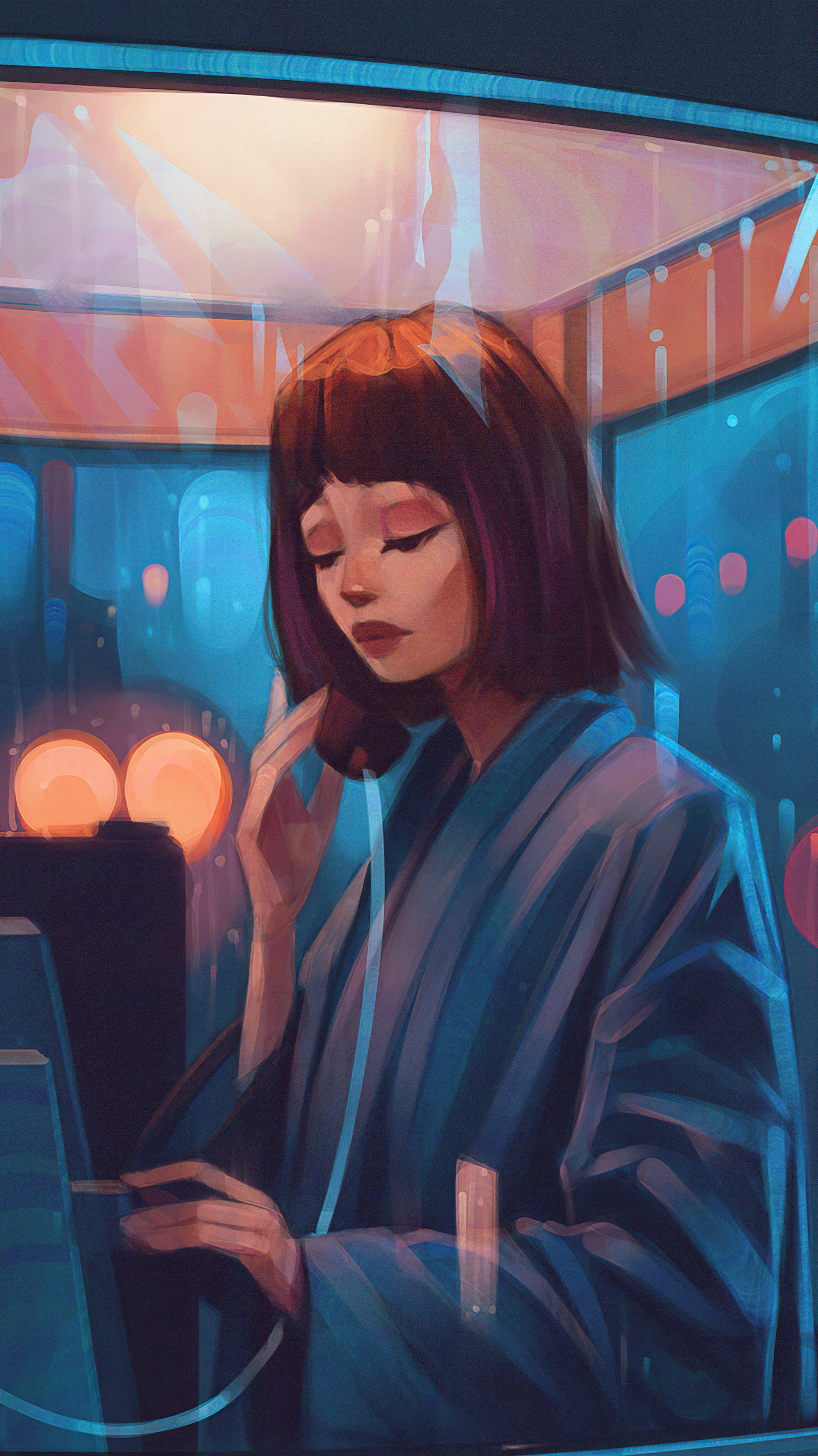 Girl in a phone booth at night HD Phone Wallpaper