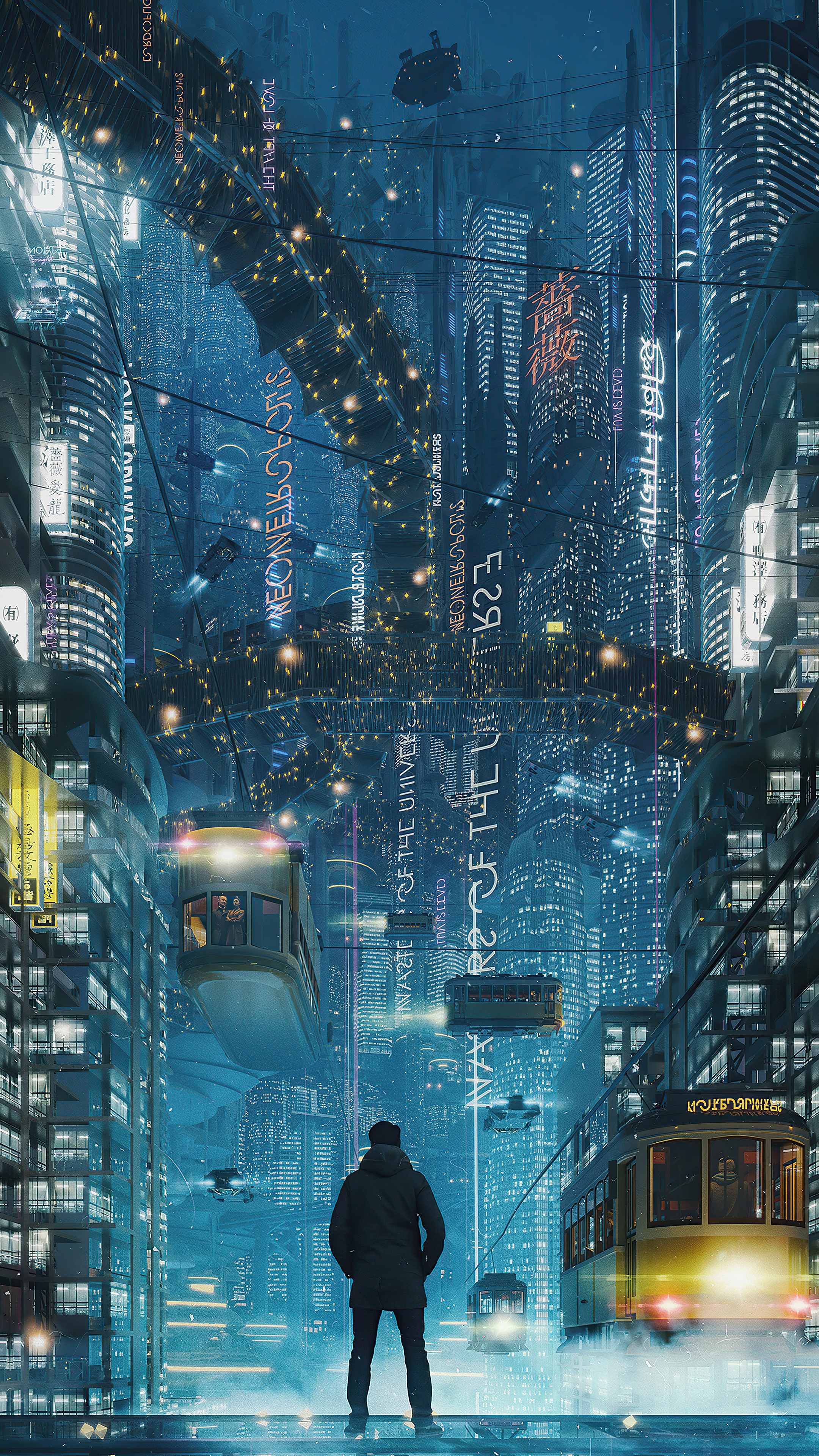 Futuristic Cityscape with Person and Trams HD Phone Wallpaper