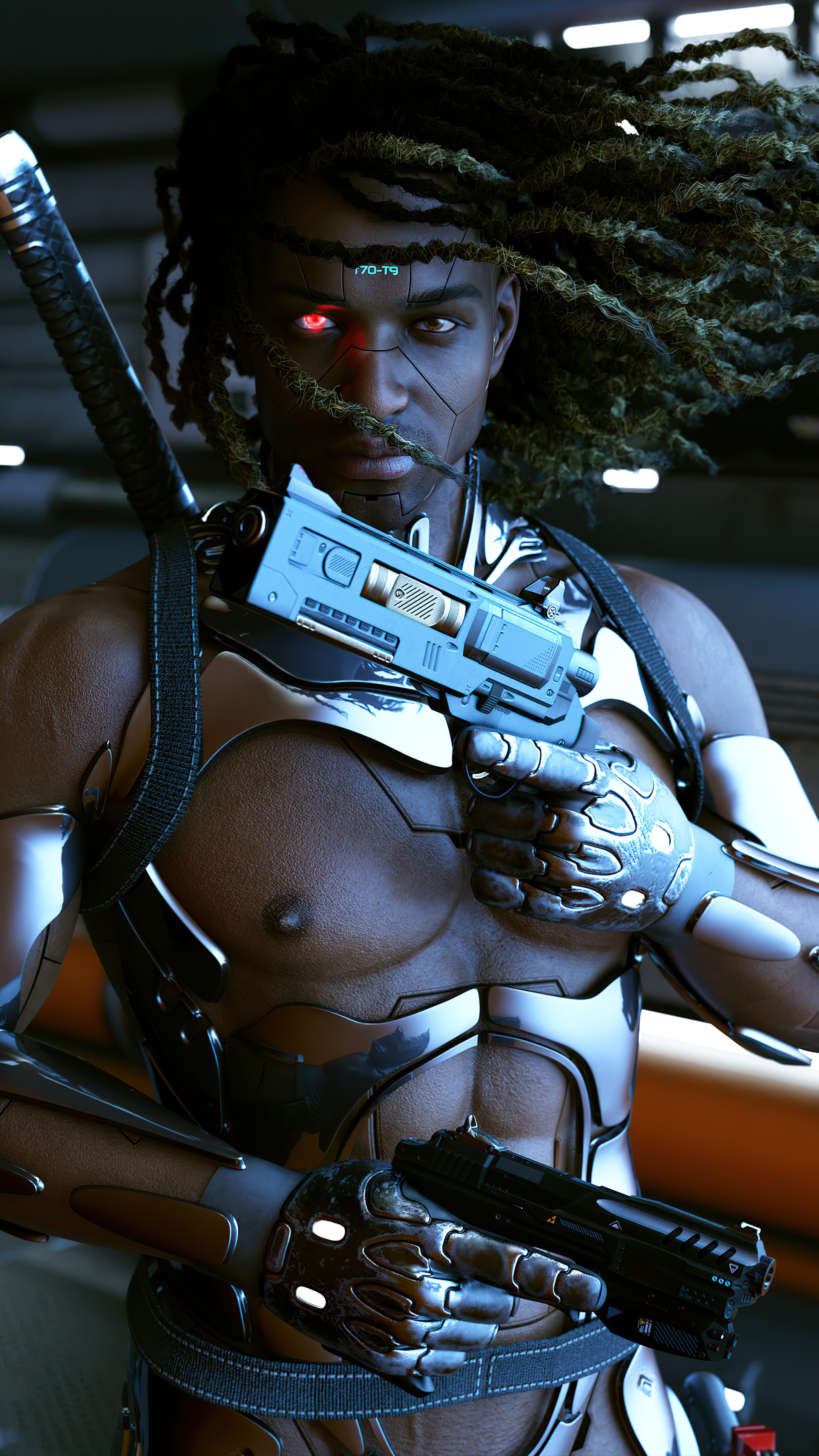 Cyborg with guns and sword HD Phone Wallpaper