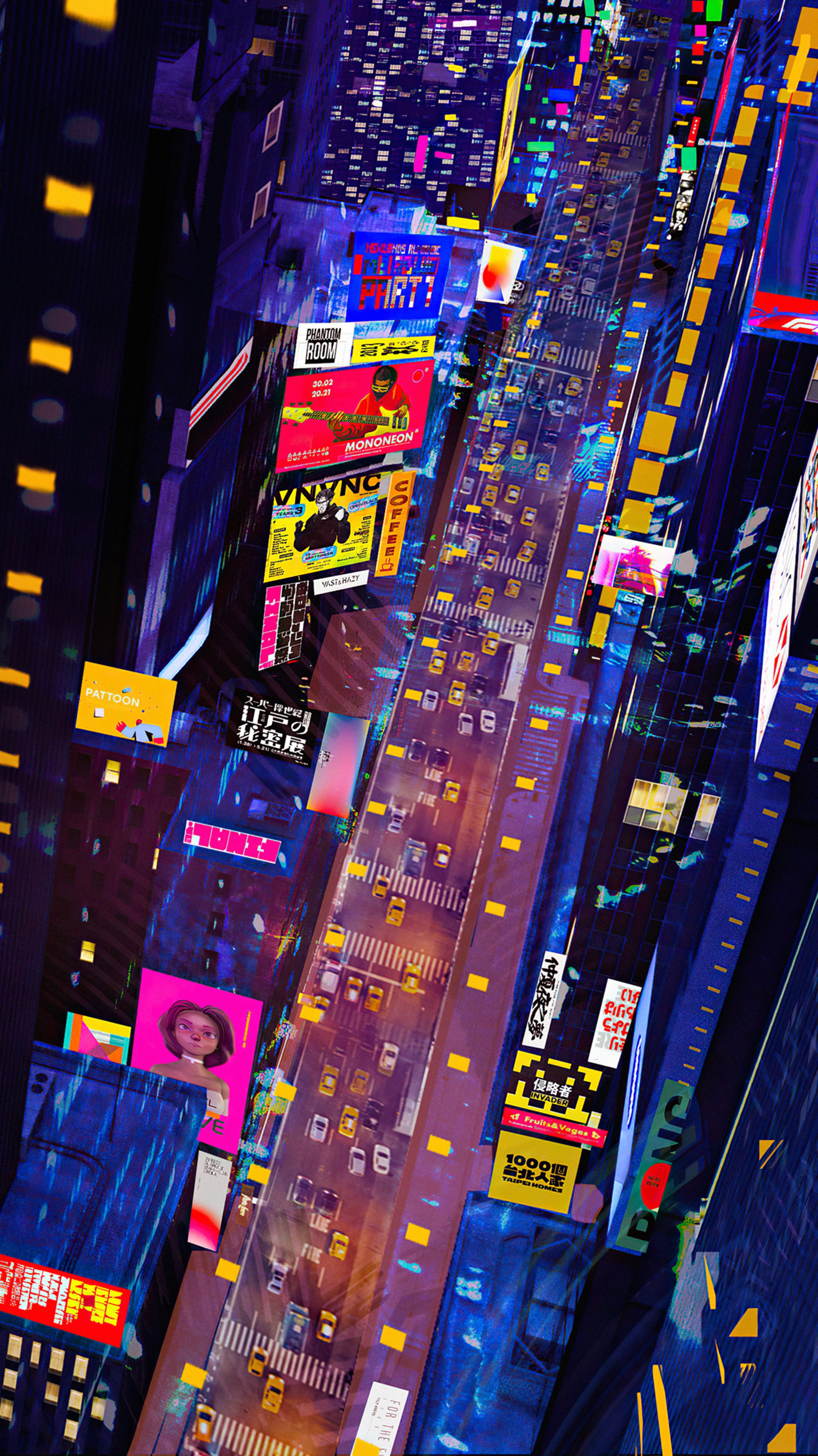 Digital art of a busy city street at night HD Phone Wallpaper