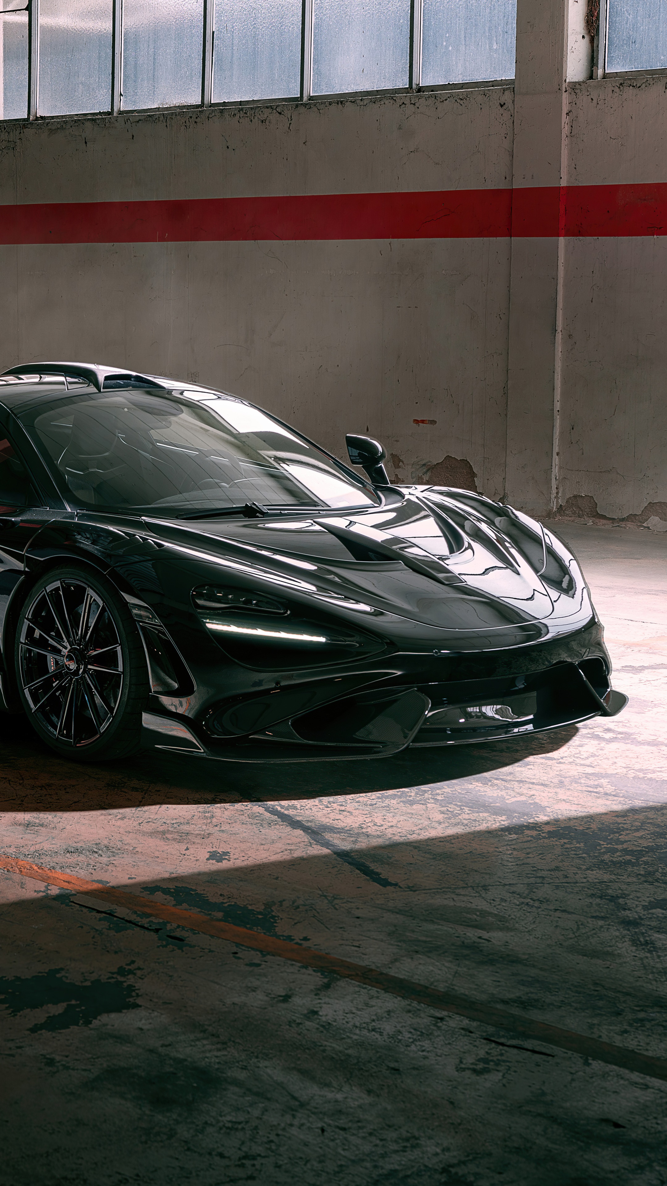 Black McLaren 765LT in a garage HD Phone Wallpaper