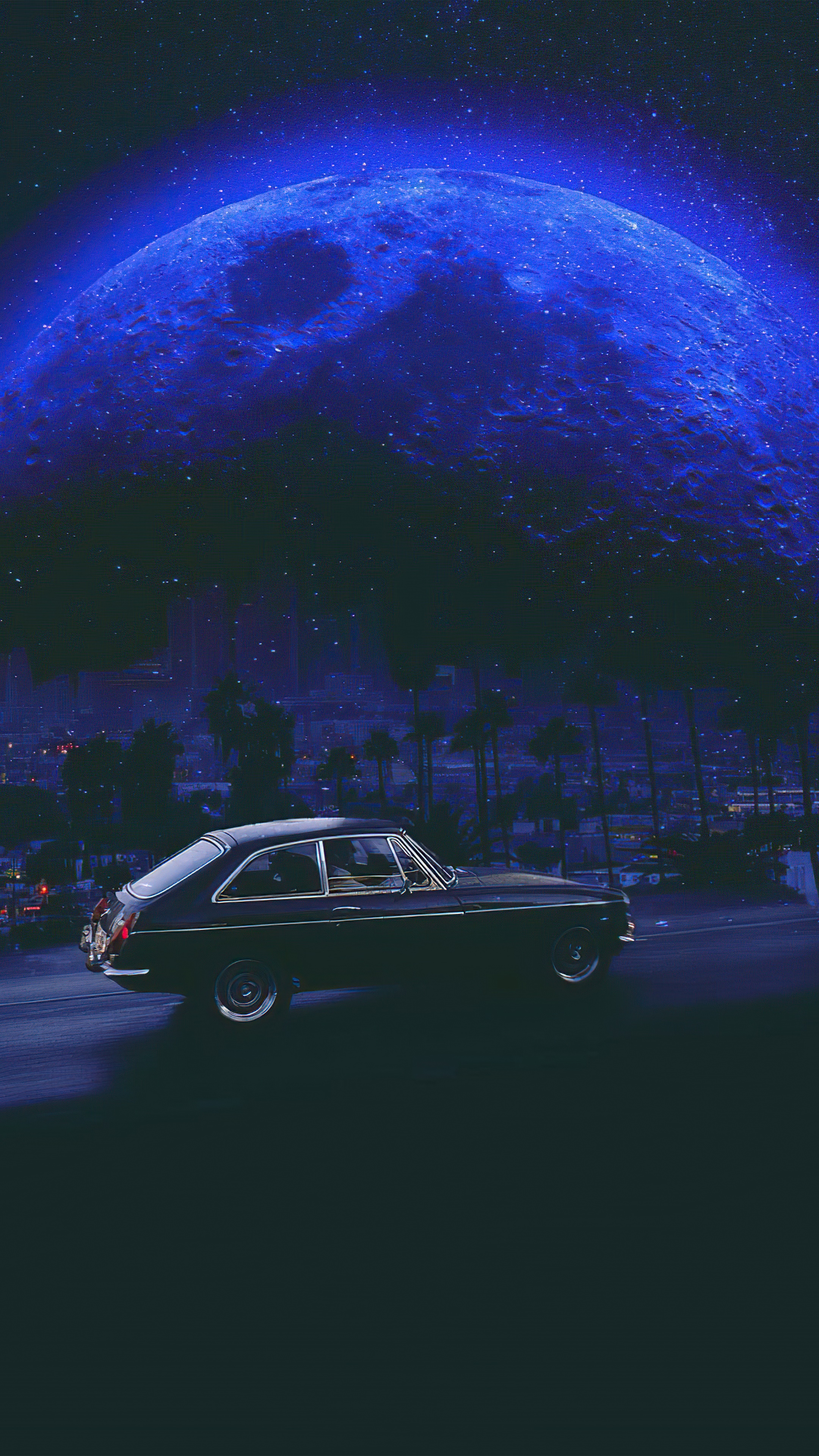 Vintage car under a large blue moon HD Phone Wallpaper