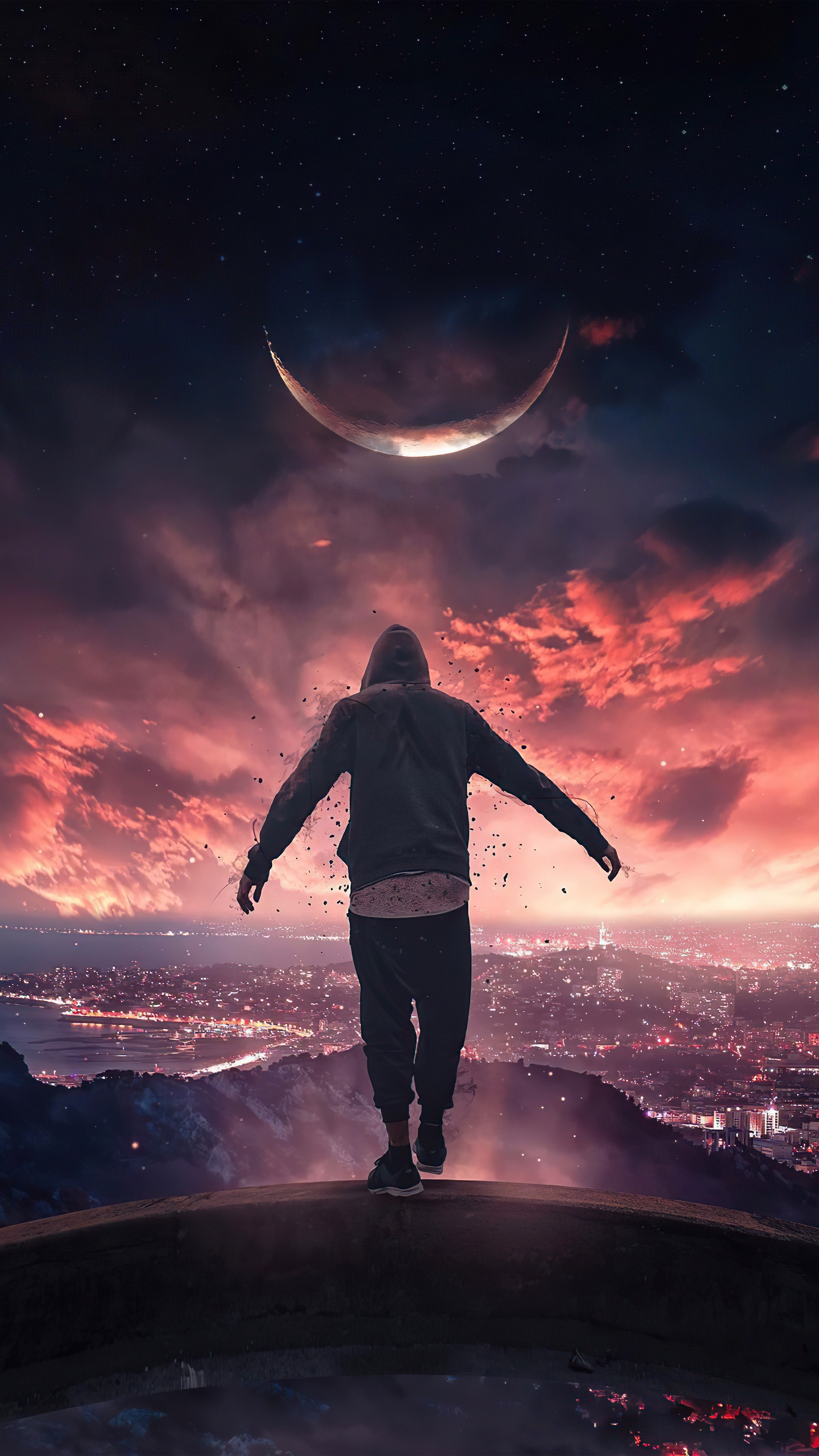 Man on cliff overlooking city under crescent moon HD Phone Wallpaper