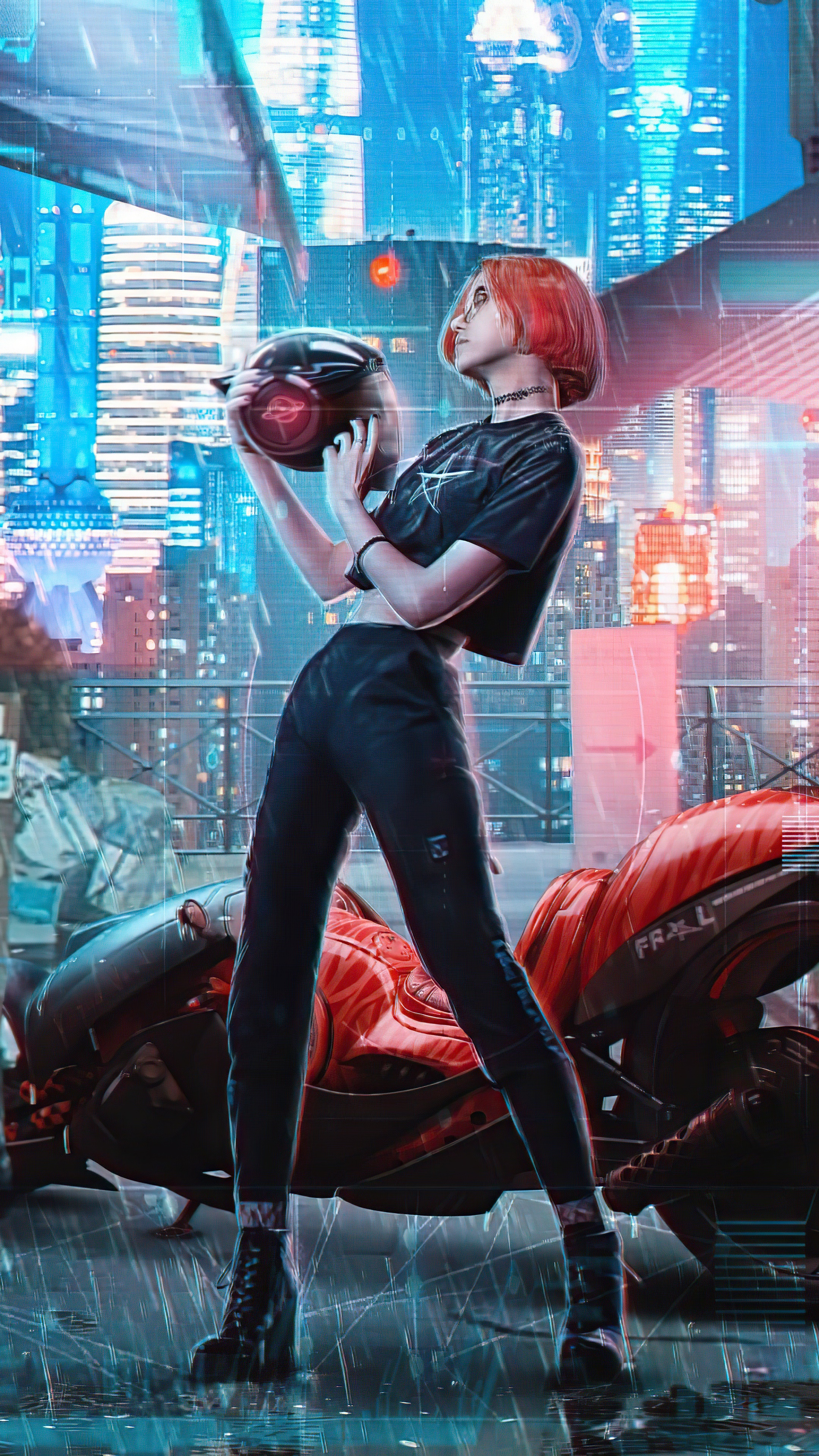 Cyberpunk girl with helmet and motorcycle in city HD Phone Wallpaper
