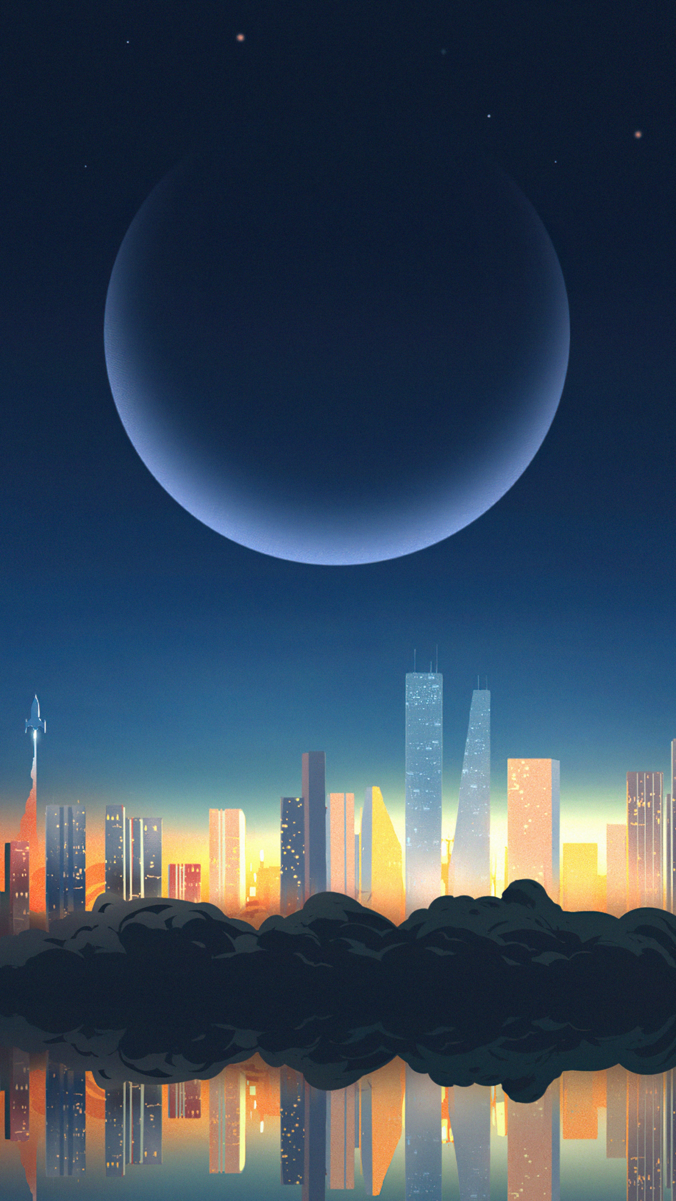 Cityscape with Large Moon and Rocket Launch HD Phone Wallpaper