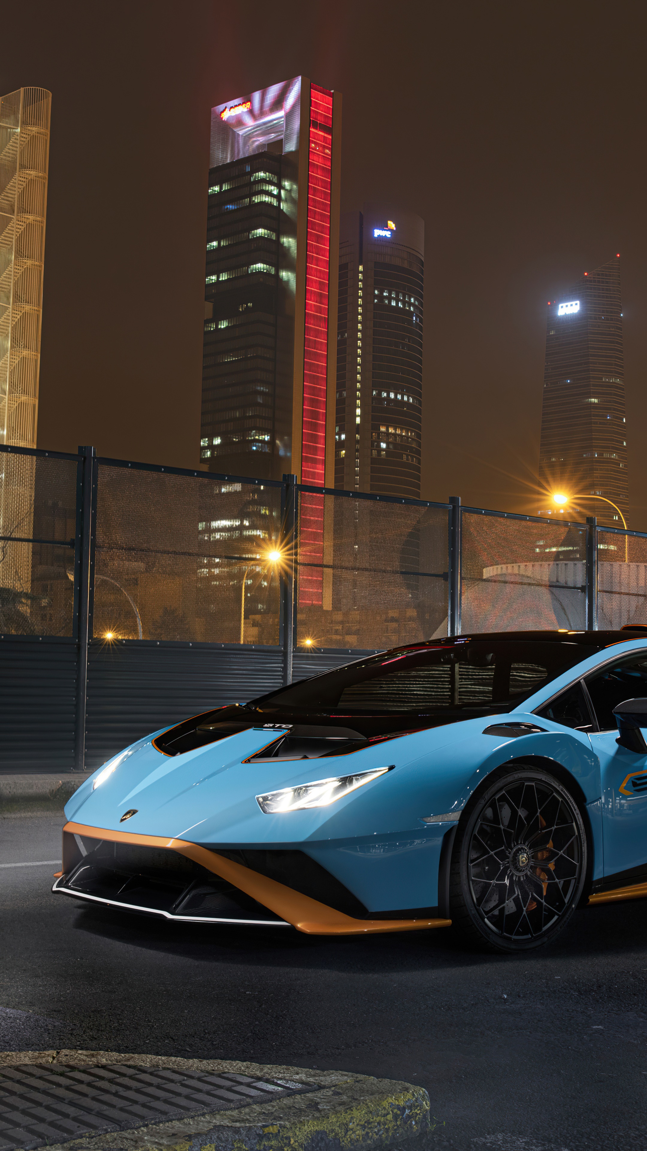Blue Lamborghini Aventador in a City at Night HD Phone Wallpaper