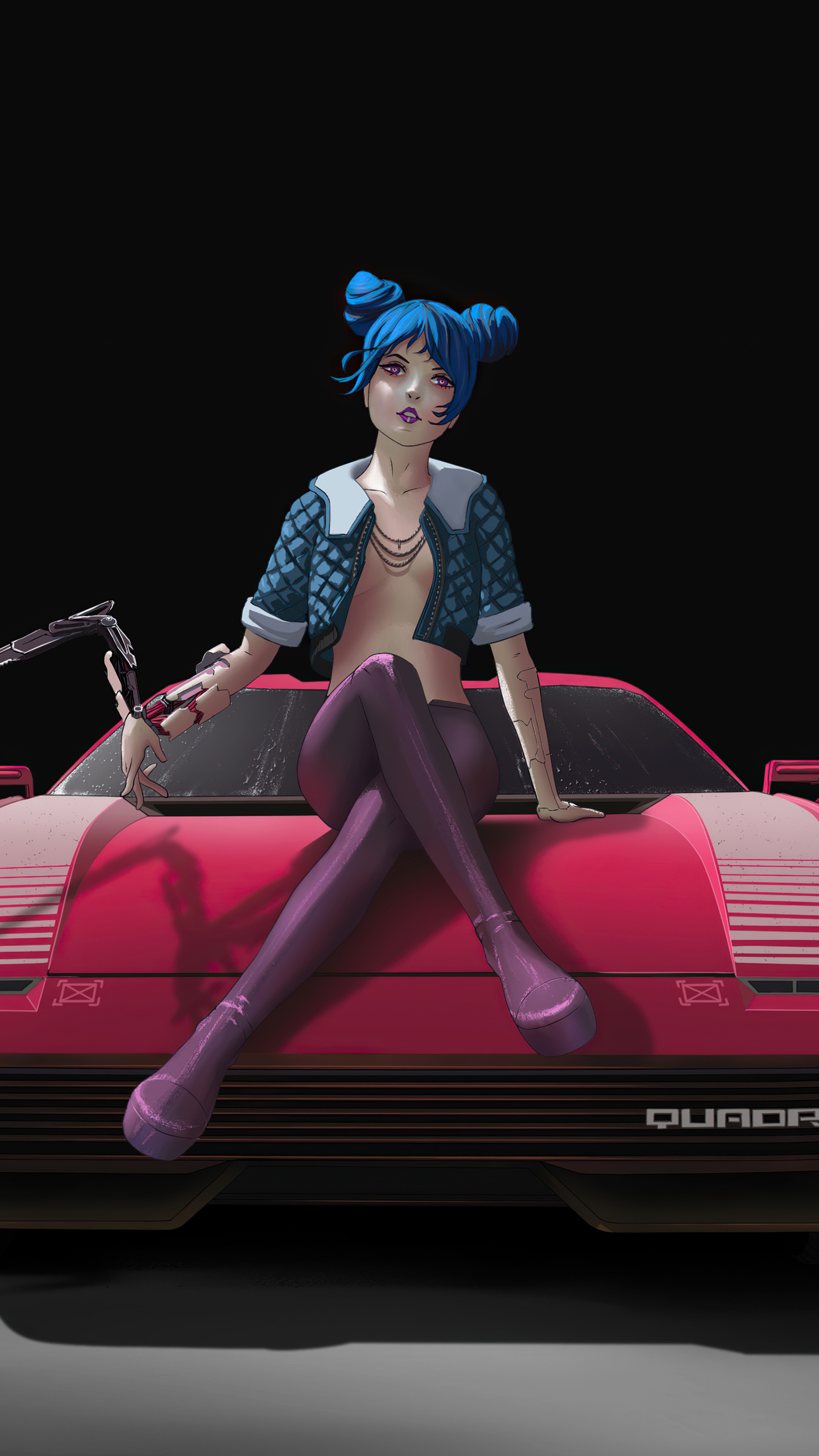 Girl with blue hair sitting on a red car HD Phone Wallpaper