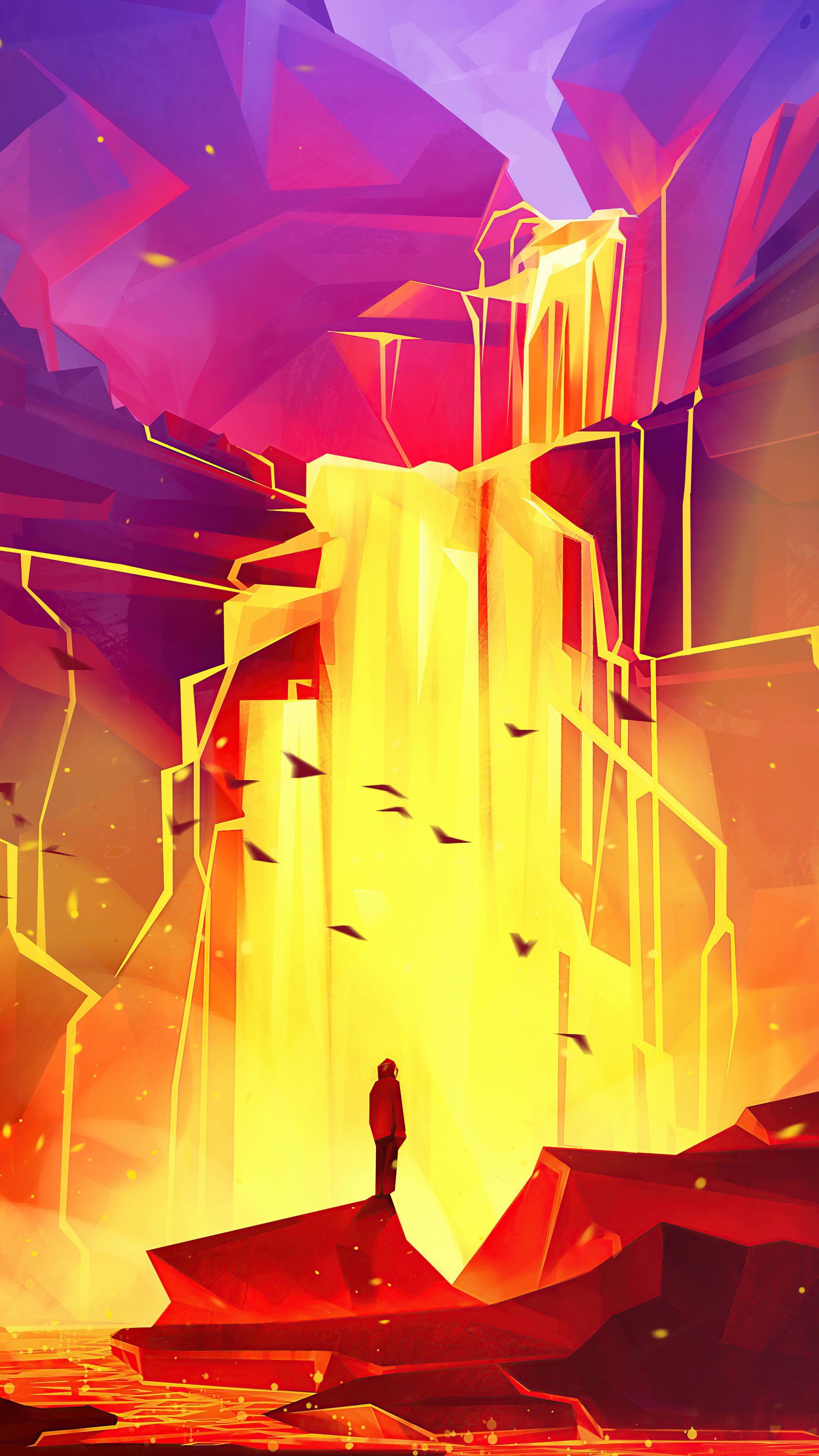 Digital art of a person standing before a lava waterfall HD Phone Wallpaper