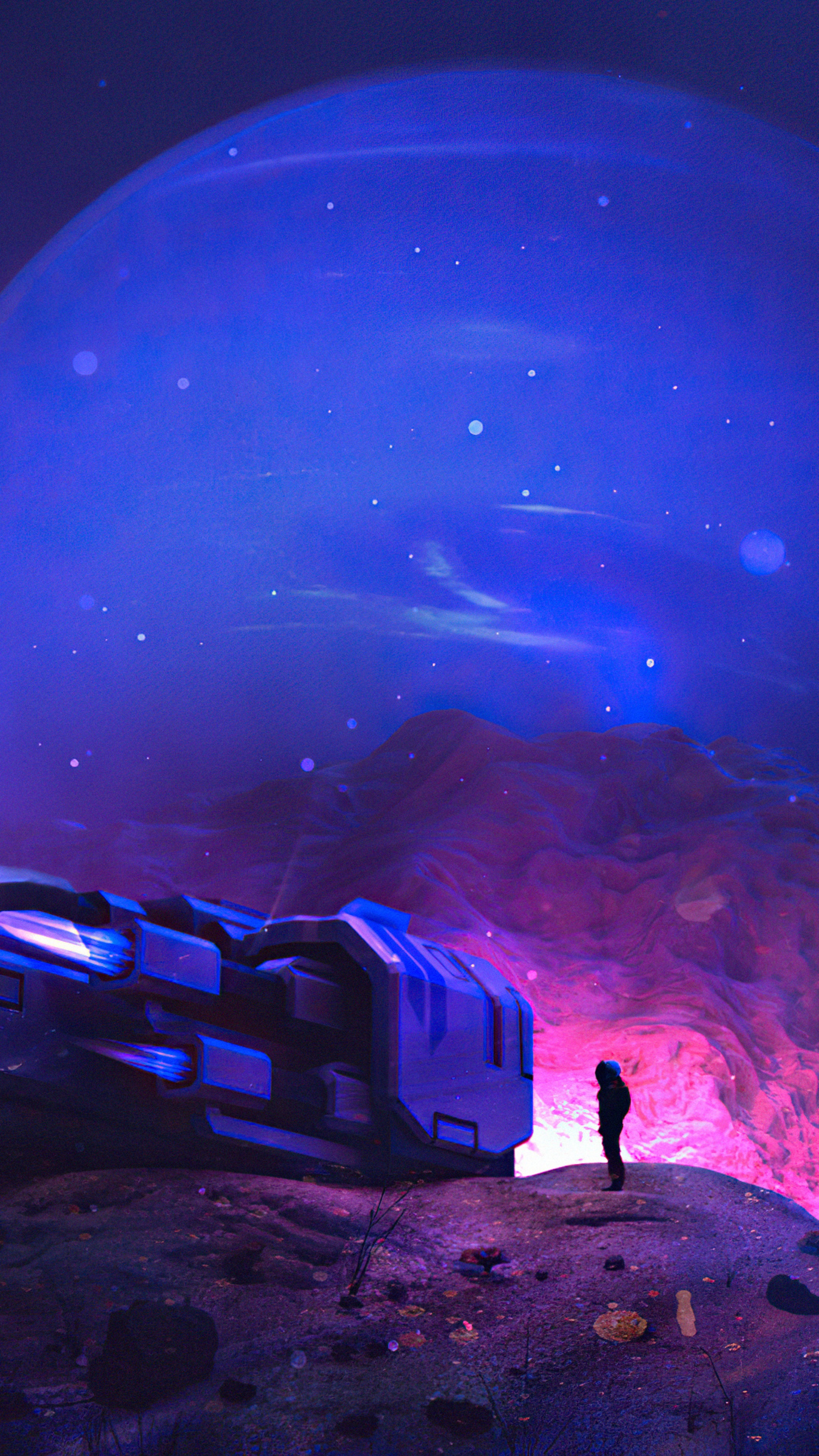 Astronaut standing by spaceship on alien planet with large blue planet in sky HD Phone Wallpaper