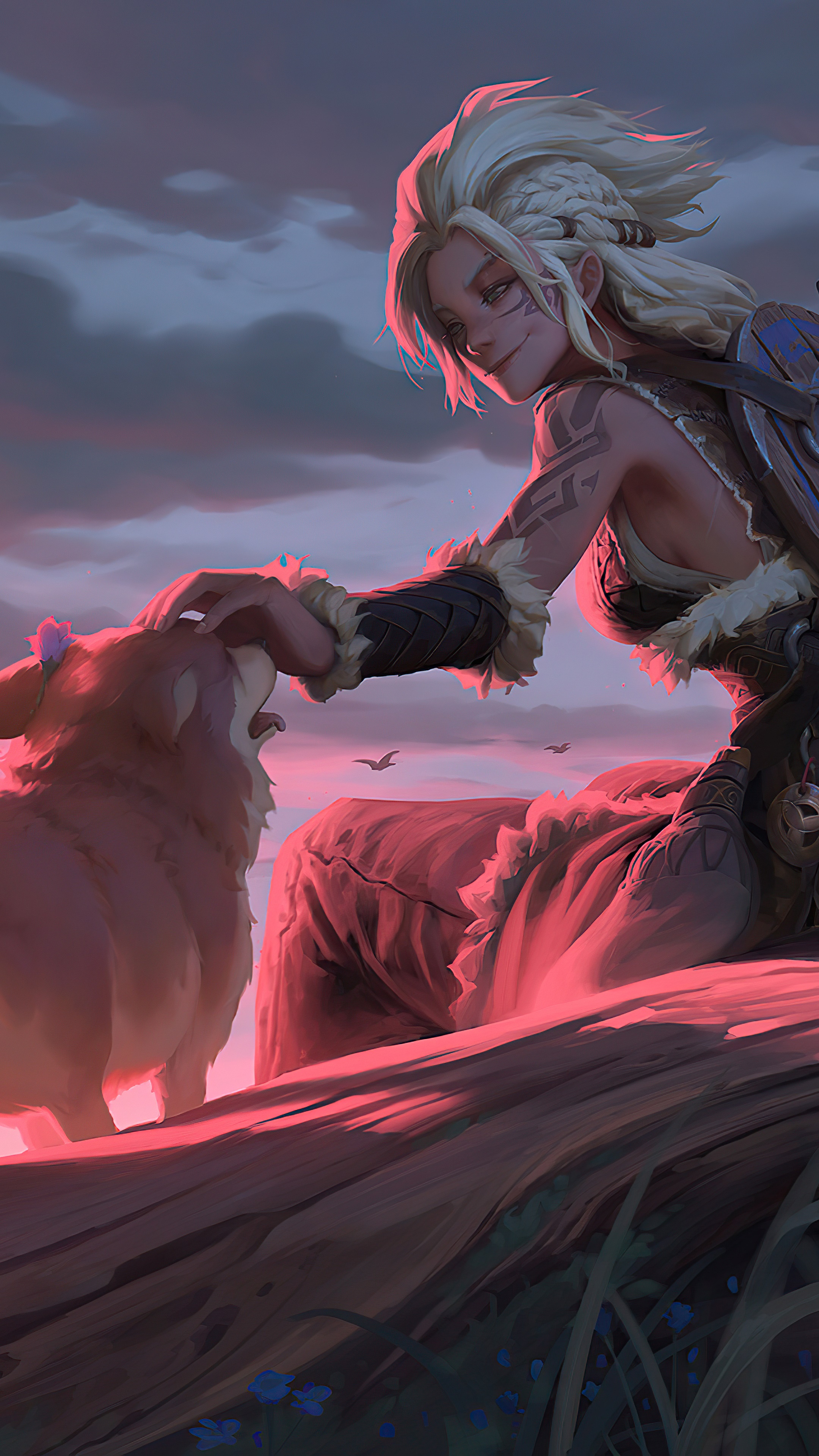 Artwork of a woman petting a dog HD Phone Wallpaper