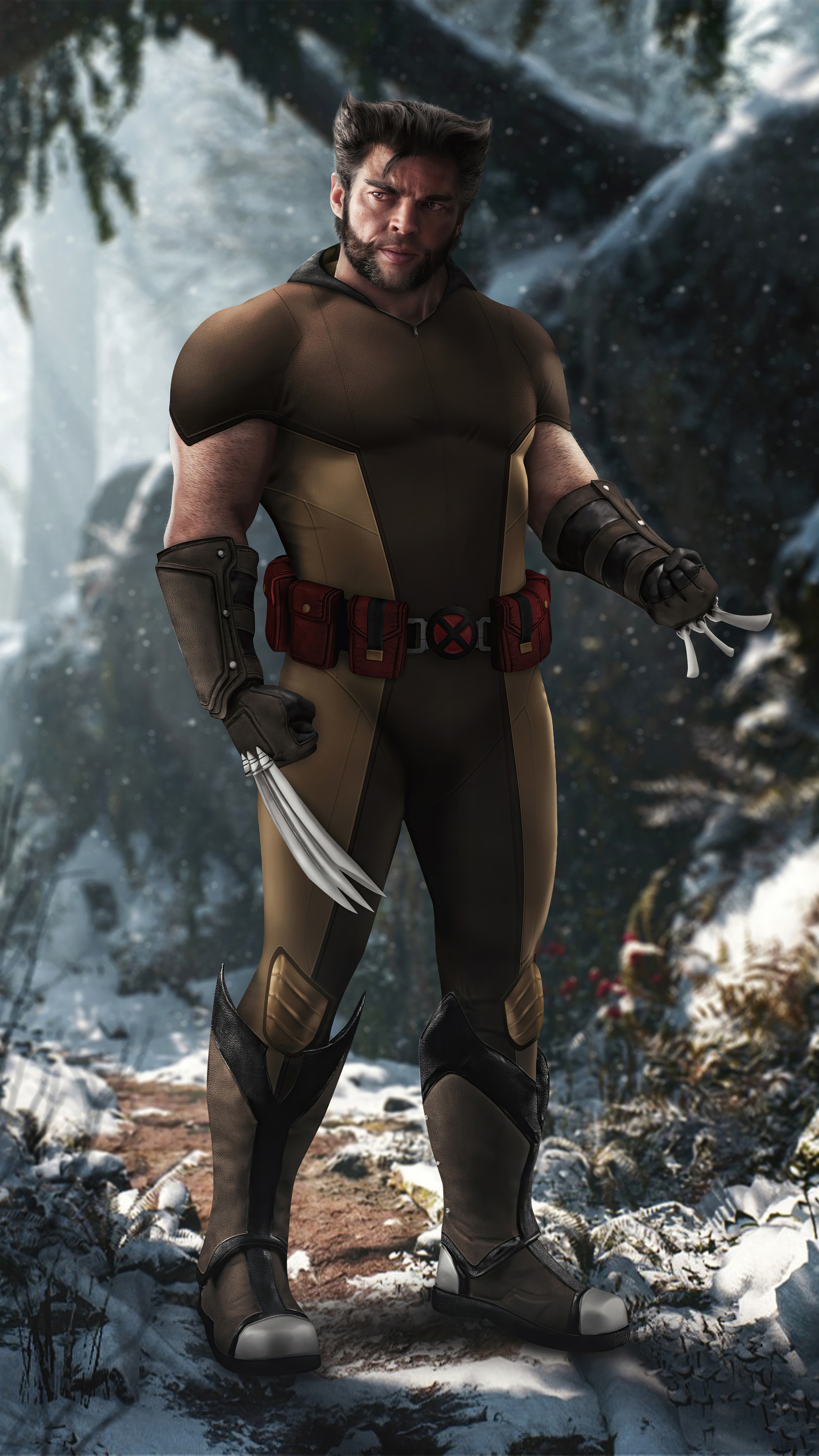 Wolverine in a snowy forest HD Phone Wallpaper