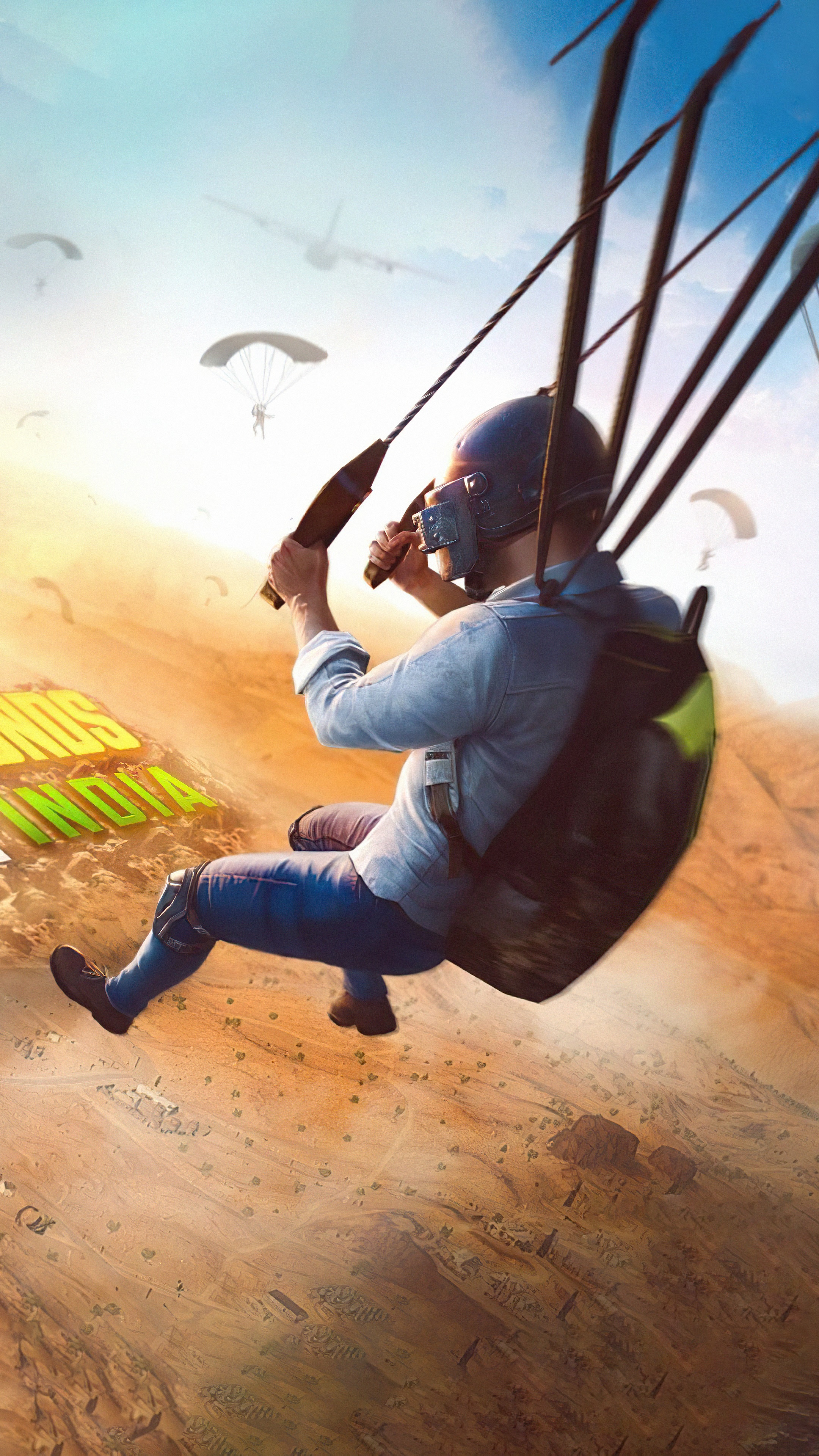 Player parachuting into a desert landscape in PUBG HD Phone Wallpaper