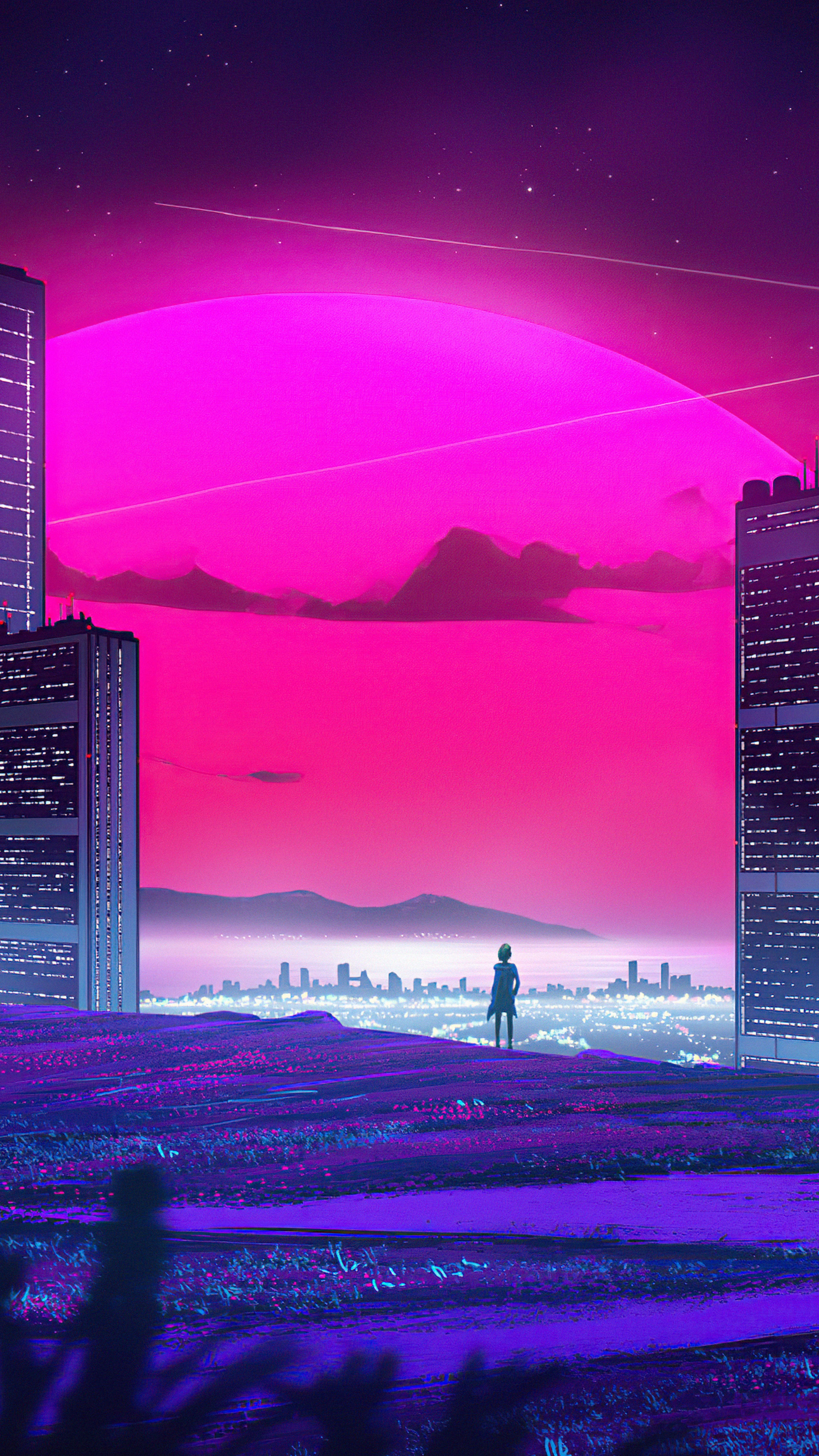 Synthwave artwork with a lone figure overlooking a city HD Phone Wallpaper