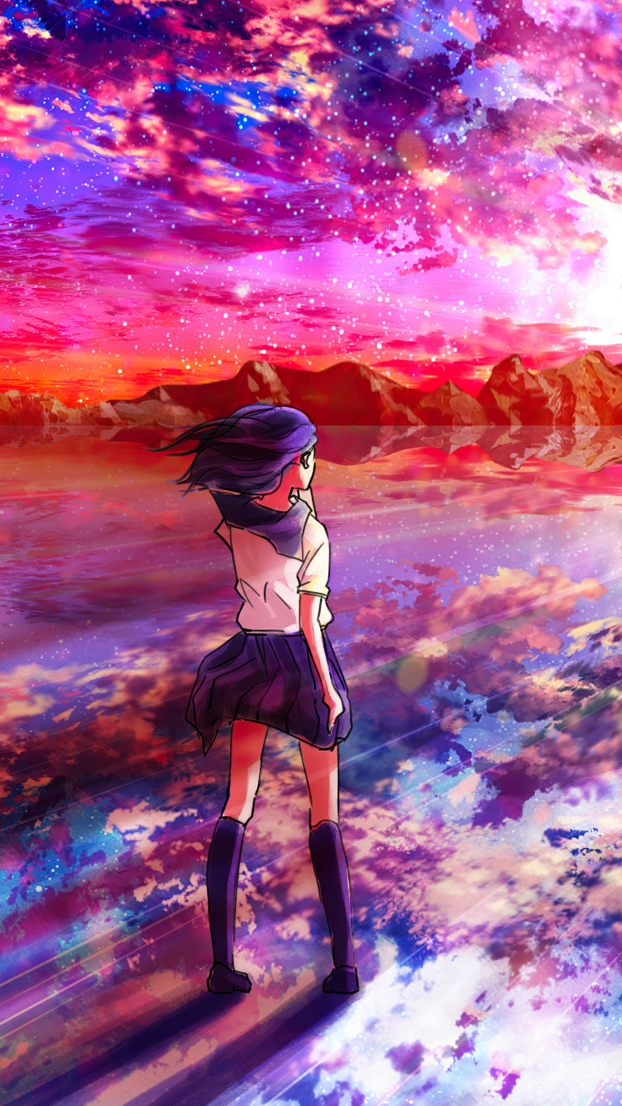 Anime girl looking at a colorful sky HD Phone Wallpaper