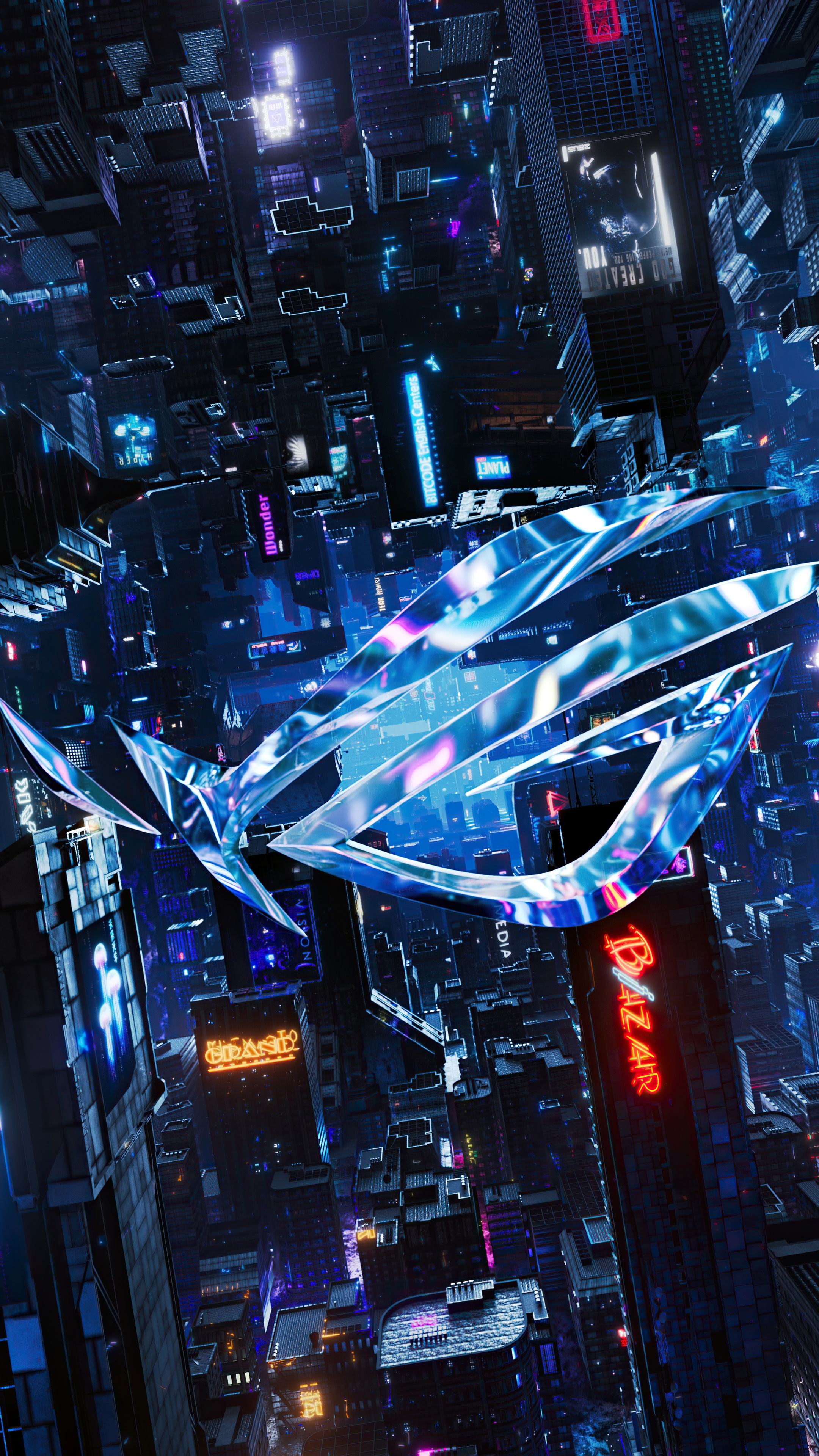 Republic of Gamers logo in a futuristic city HD Phone Wallpaper