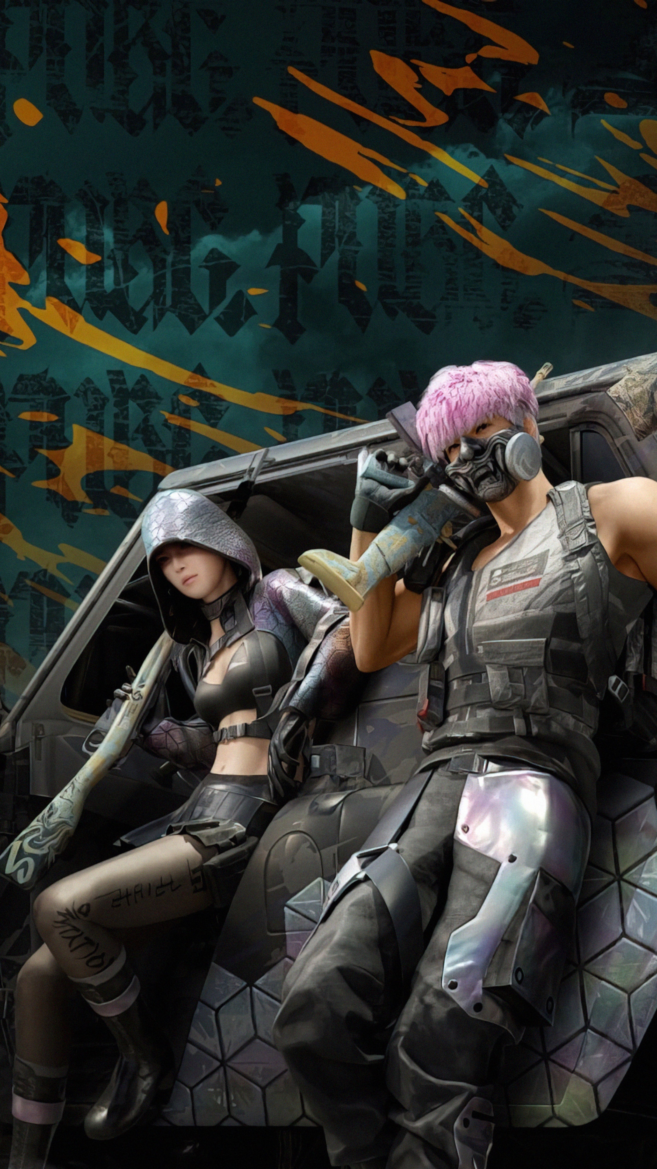 PUBG characters with guns leaning on a vehicle HD Phone Wallpaper