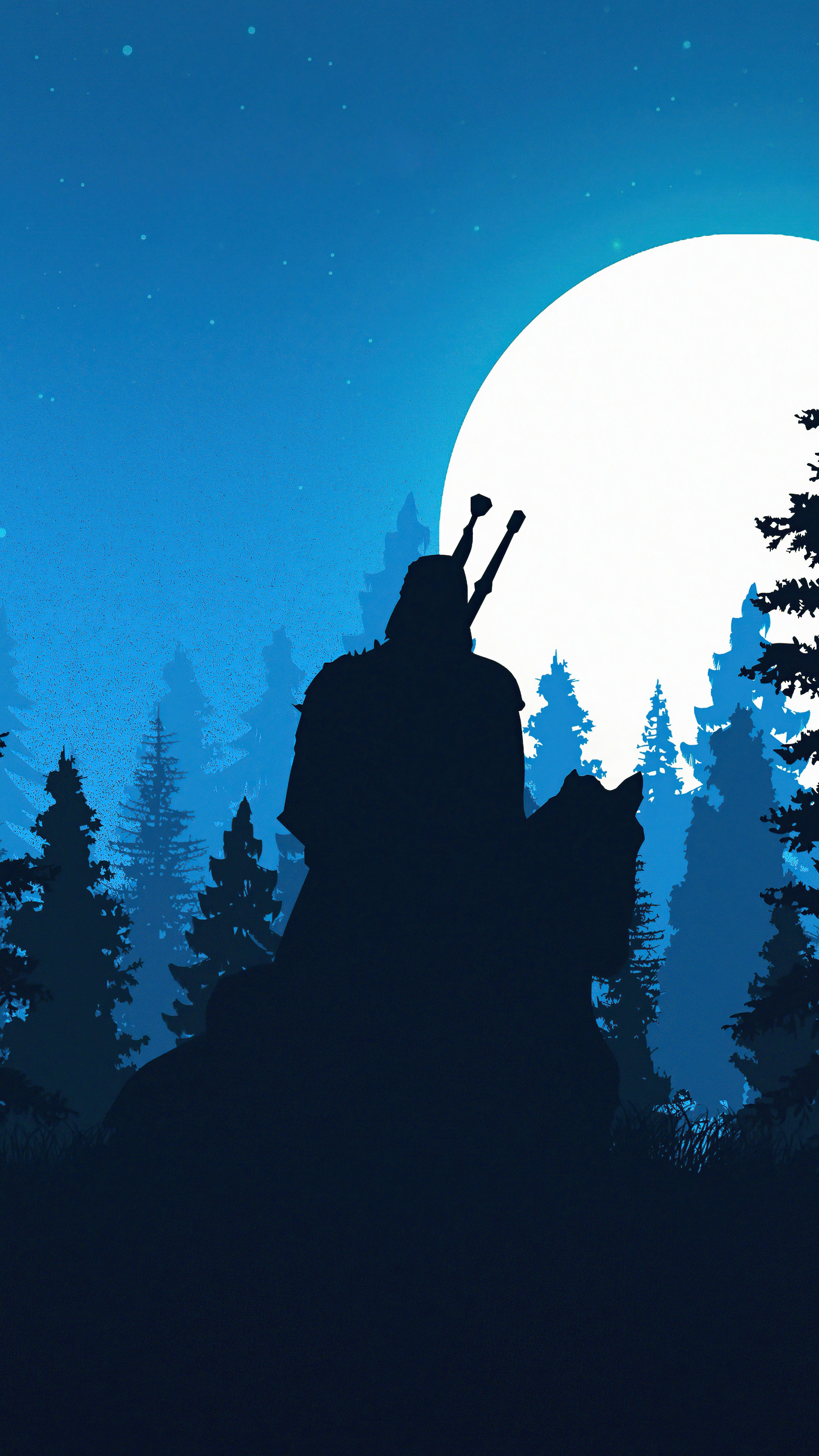 Geralt of Rivia and wolf under the moon HD Phone Wallpaper