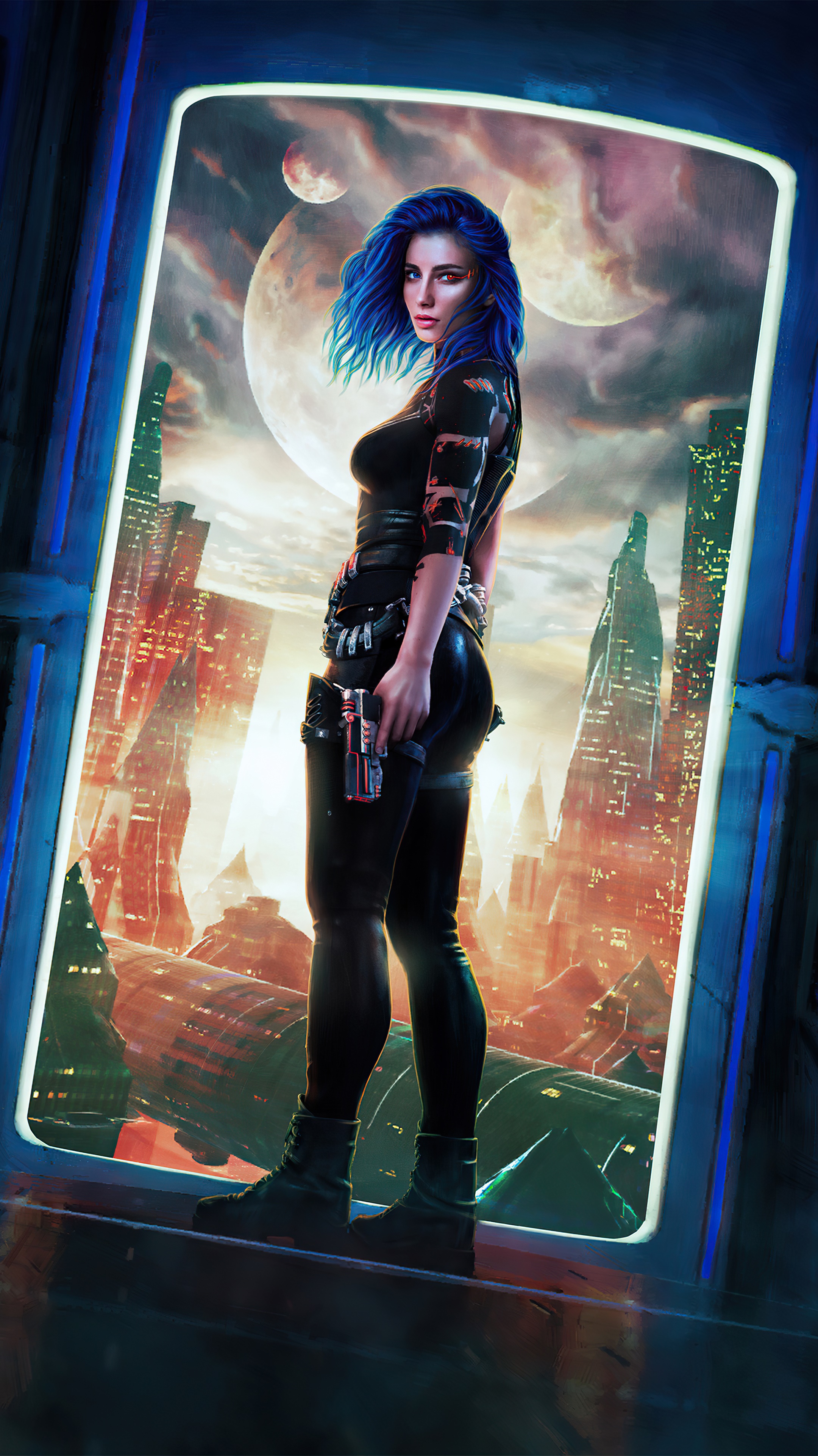 Sci-fi woman with blue hair holding a gun in a futuristic city HD Phone Wallpaper