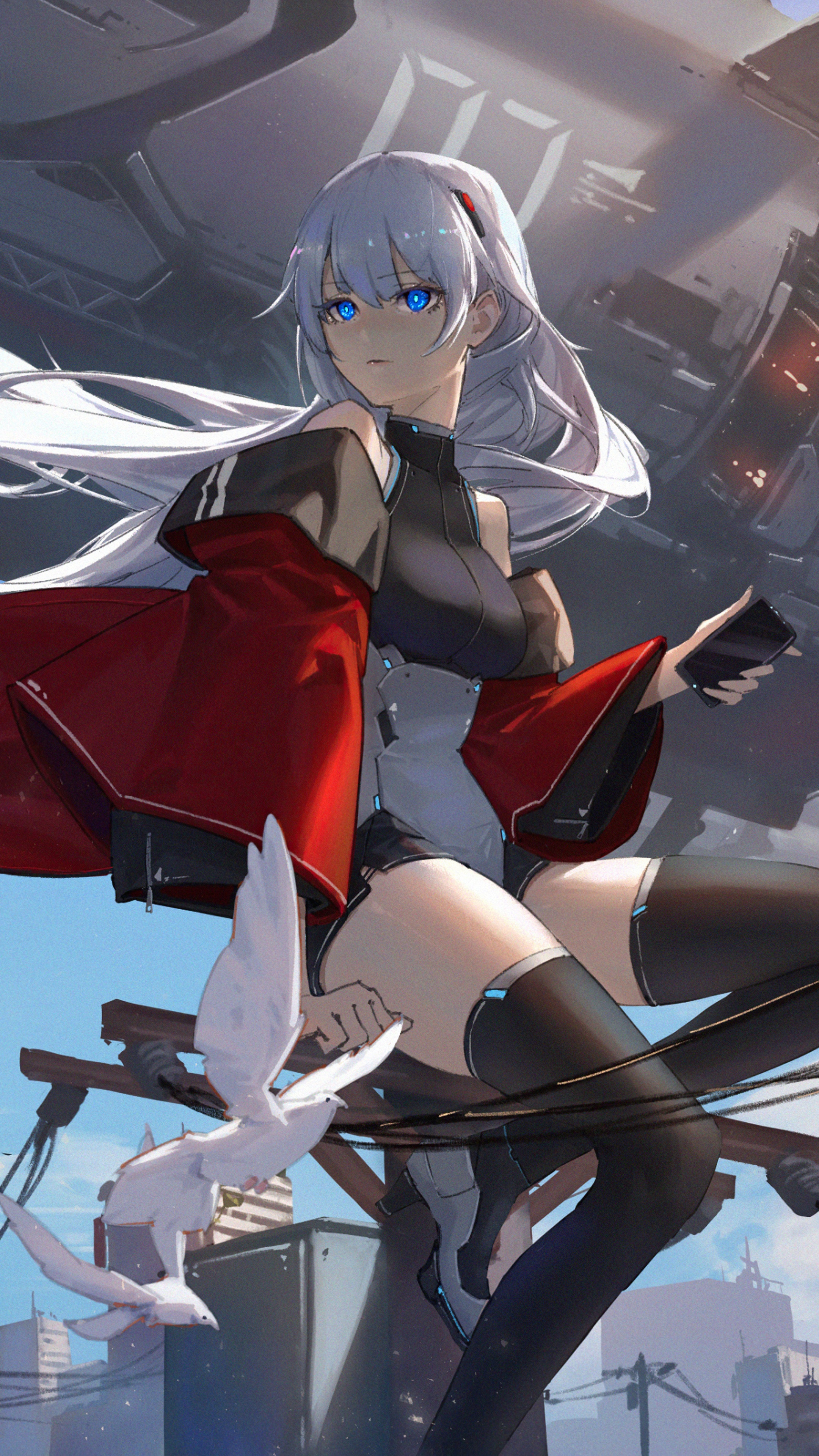 Anime girl with white hair and blue eyes HD Phone Wallpaper