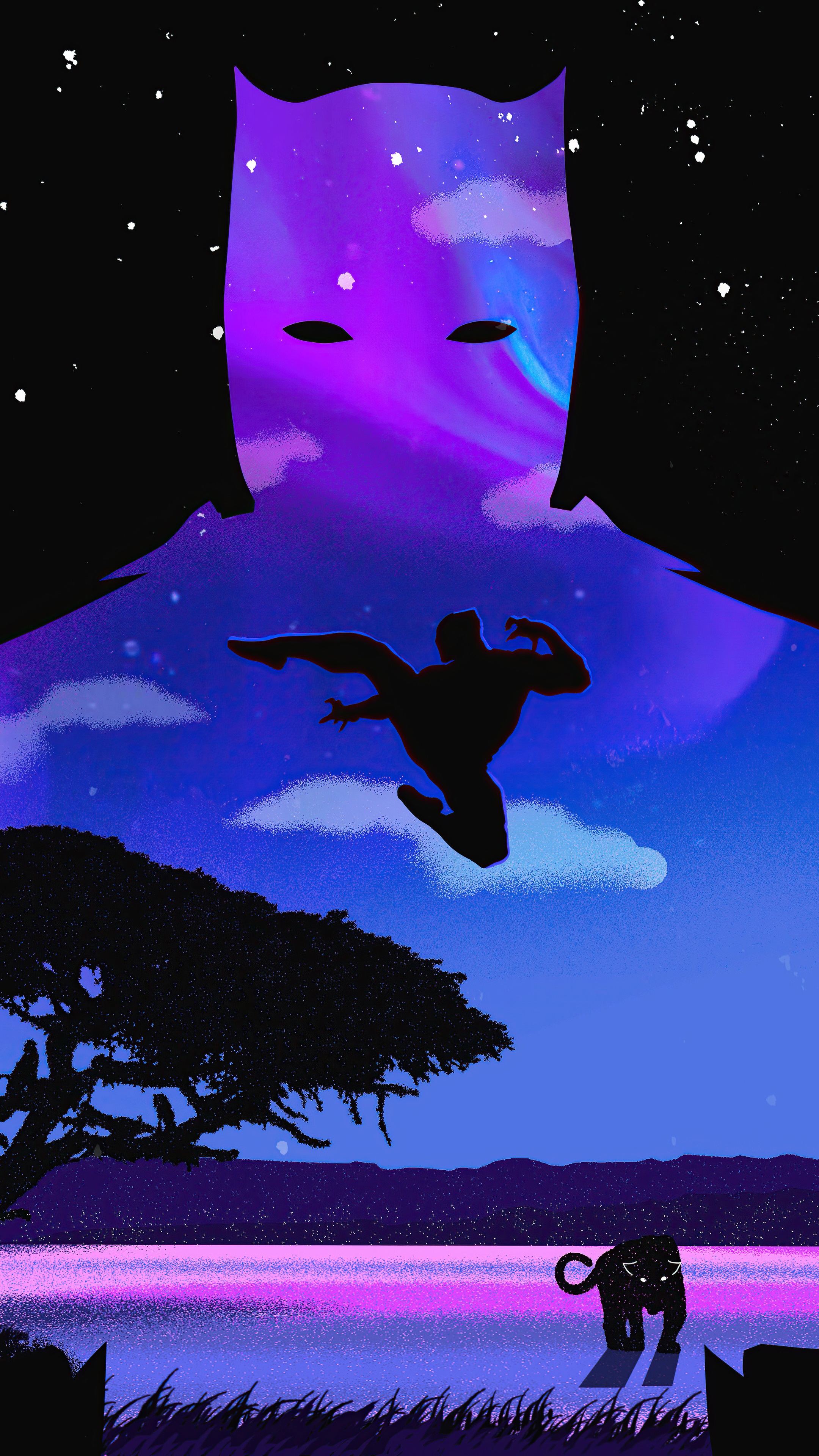 Black Panther silhouette with a warrior leaping HD Phone Wallpaper